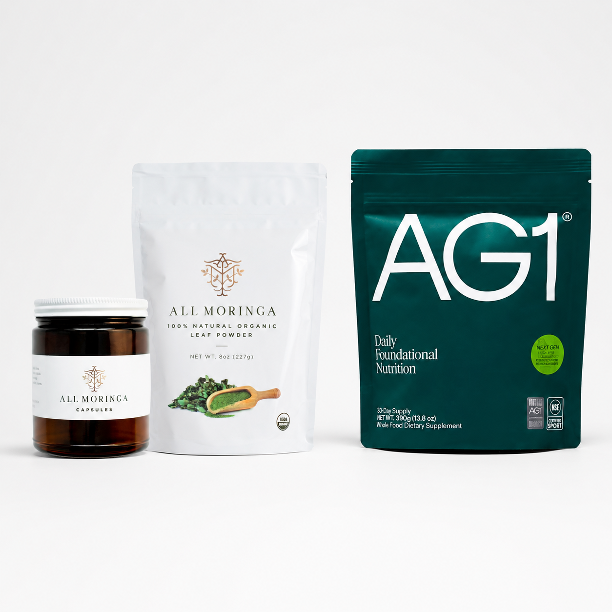 Moringa vs AG1: one whole moringa leaf versus AG1's 75-plus ingredient greens powder