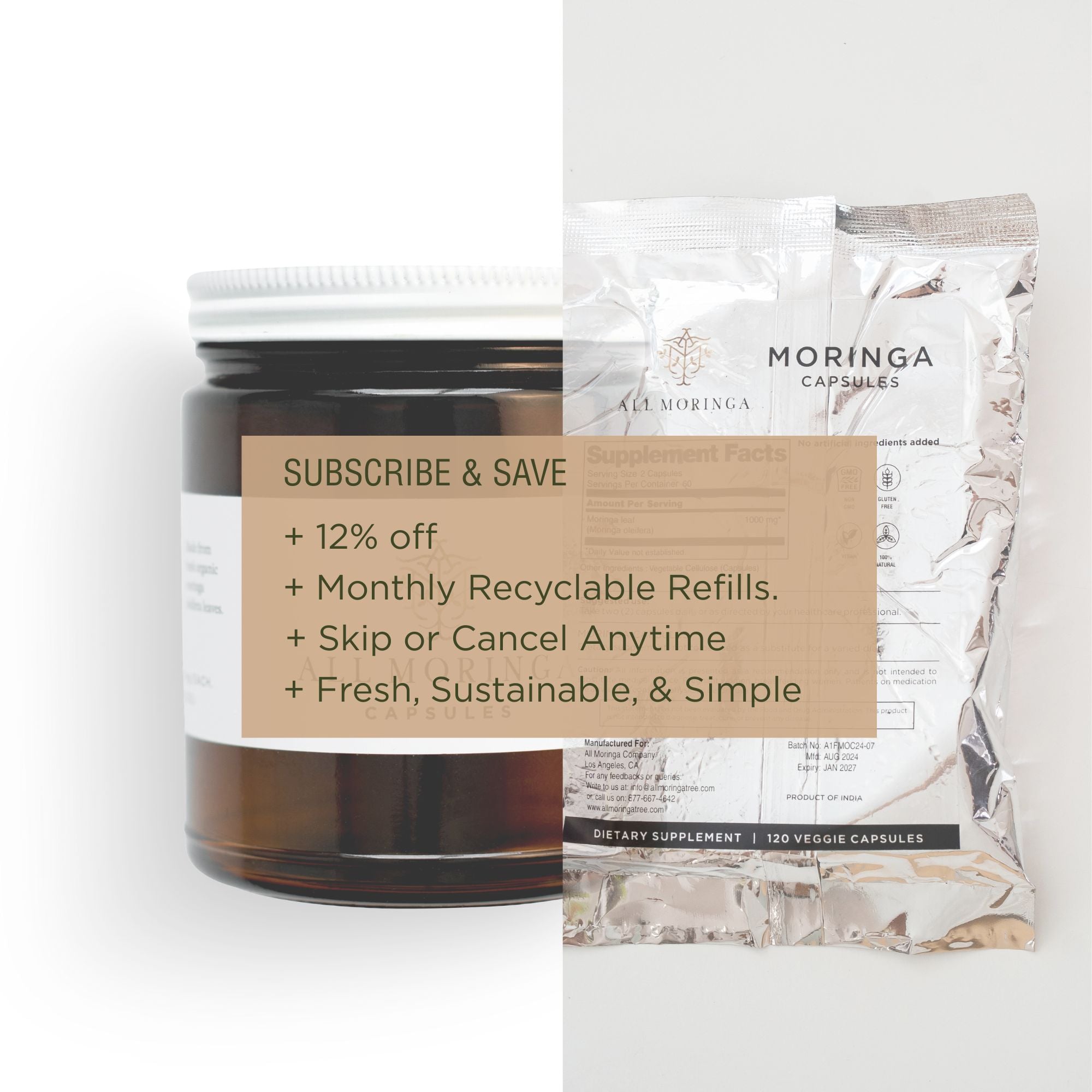 Jar and refill package of Moringa capsules with promotional text on a white background