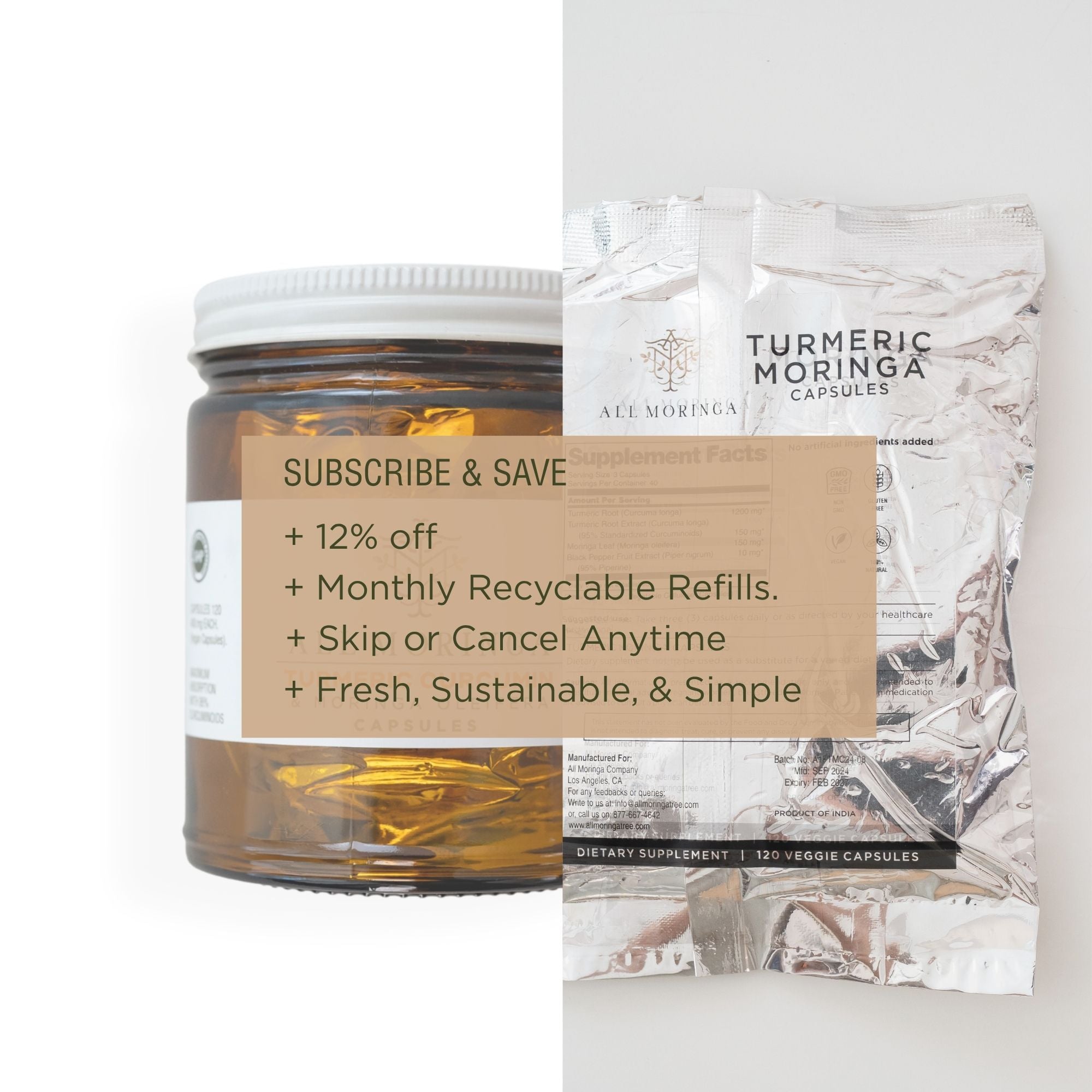 Jar of moringa turmeric root capsules supplement with a refill package of Turmeric Moringa capsules on a white background