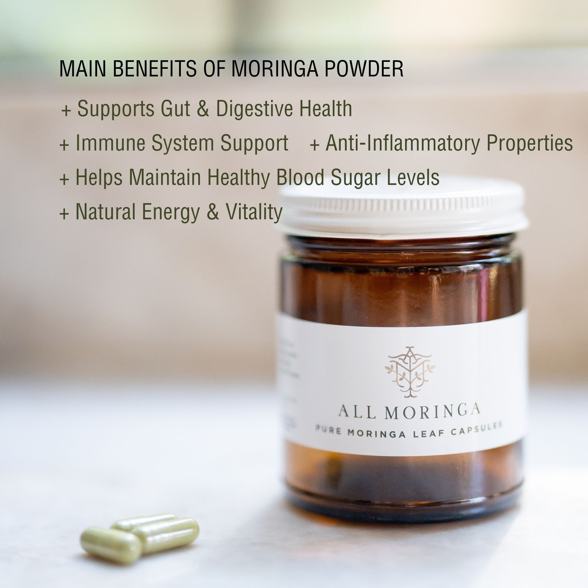 Jar of All Moringa moringa powder with capsules on a blurred background. Main benefits
