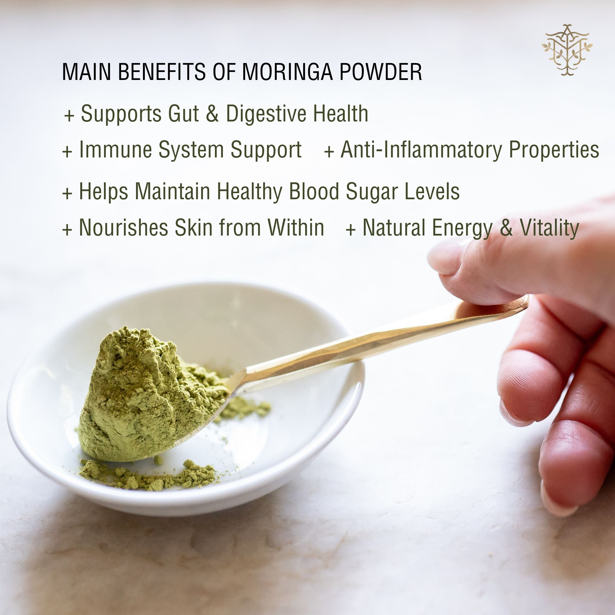 Moringa powder in a bowl with a spoon and text listing benefits on a light background