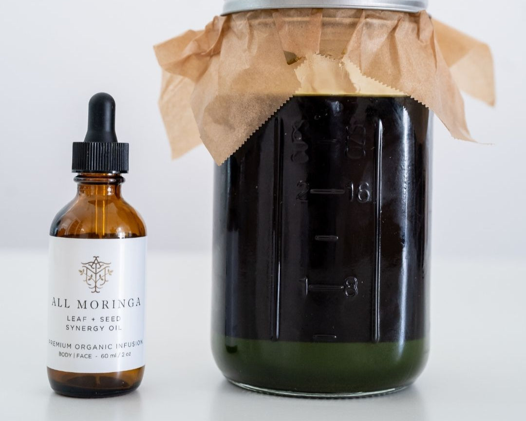 Bottle of All Moringa oil and powder oil and a jar of dark liquid on a white background