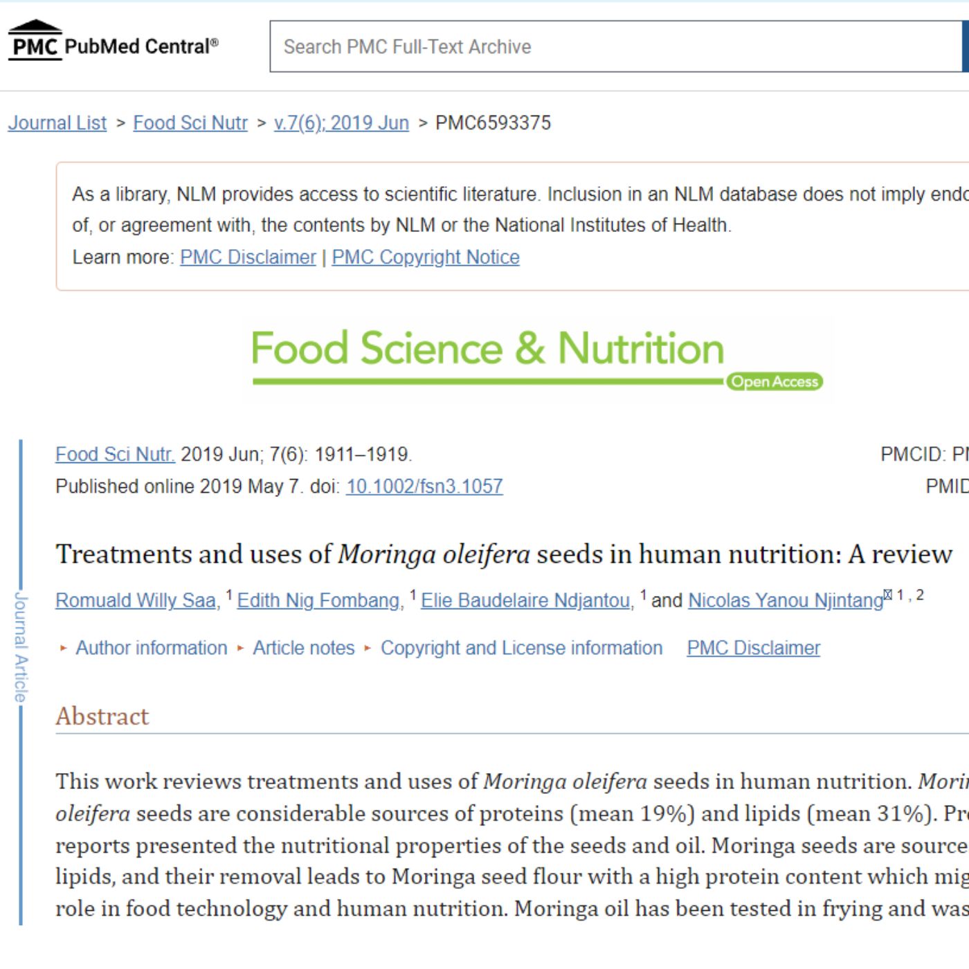 Treatments and uses of Moringa oleifera seeds in human nutrition: A review
