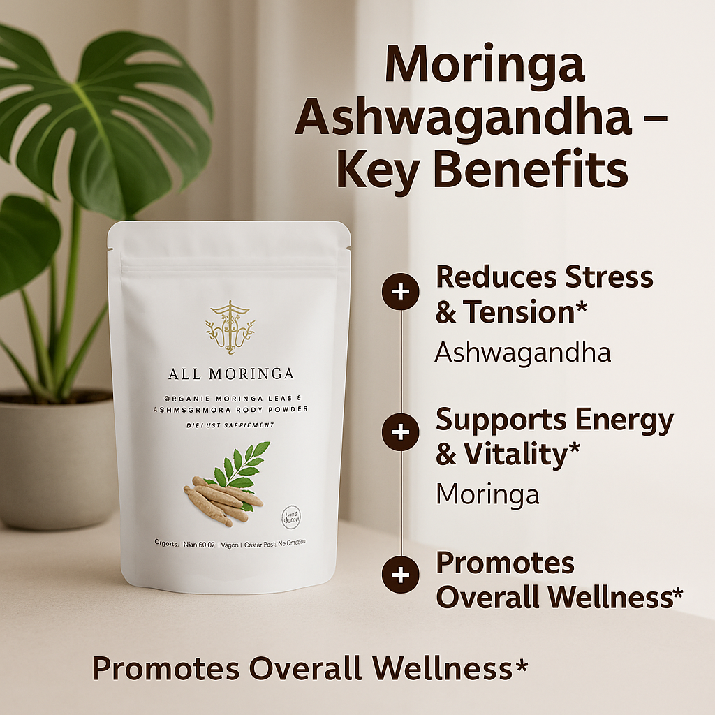 Moringa ashwagandha product packaging with key benefits listed on a neutral background