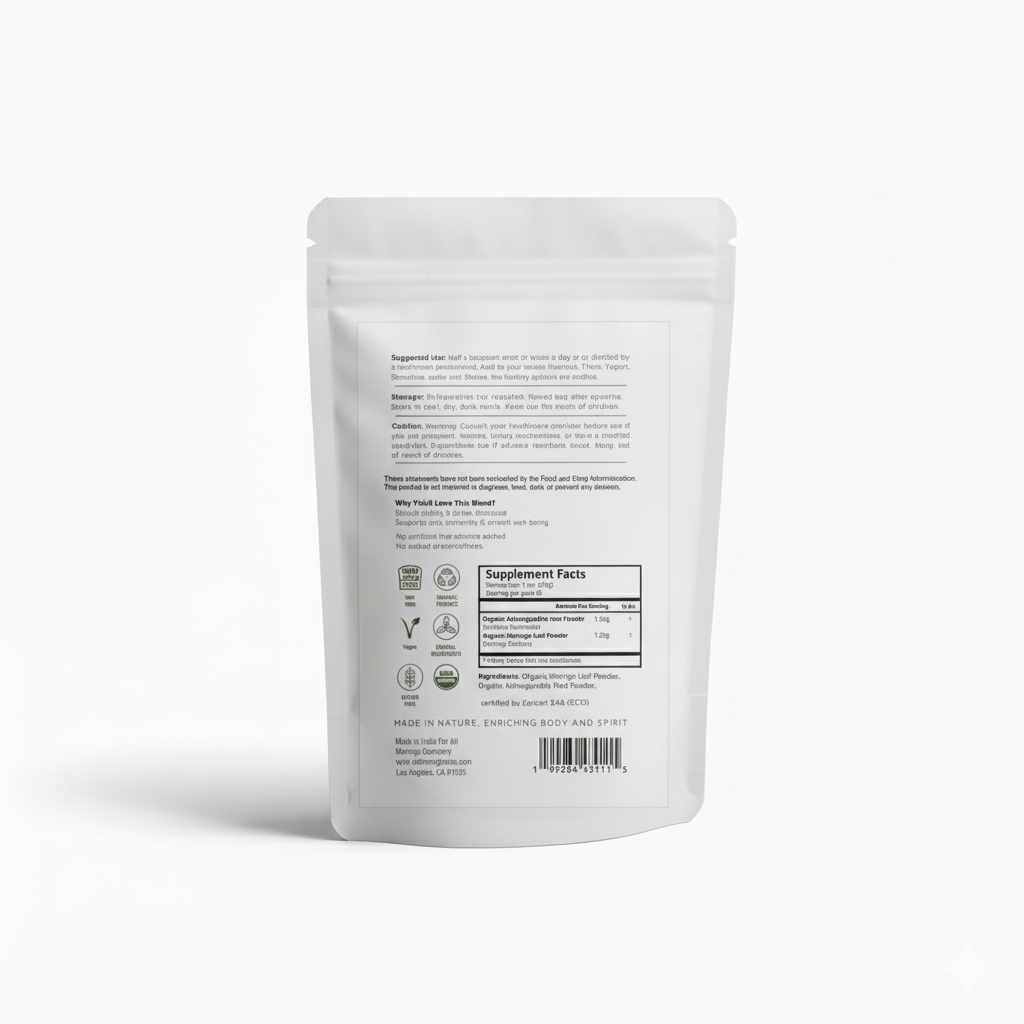 standup pouch organic moringa leaves and ashwagandha root powder label by all moringaback