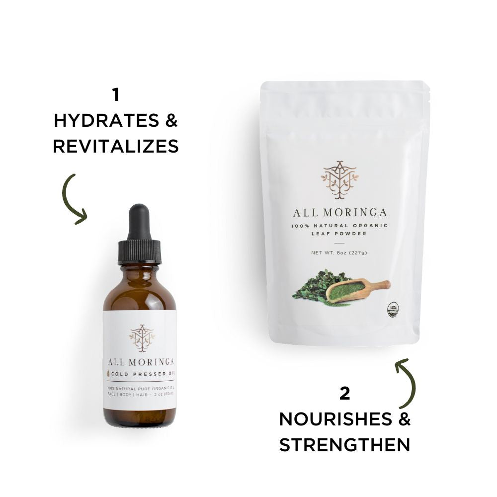 Untouched Basic 100% Pure Organic Moringa Seed Oil and Leaf Powder/Capsules for In and Out Health and Beauty Care