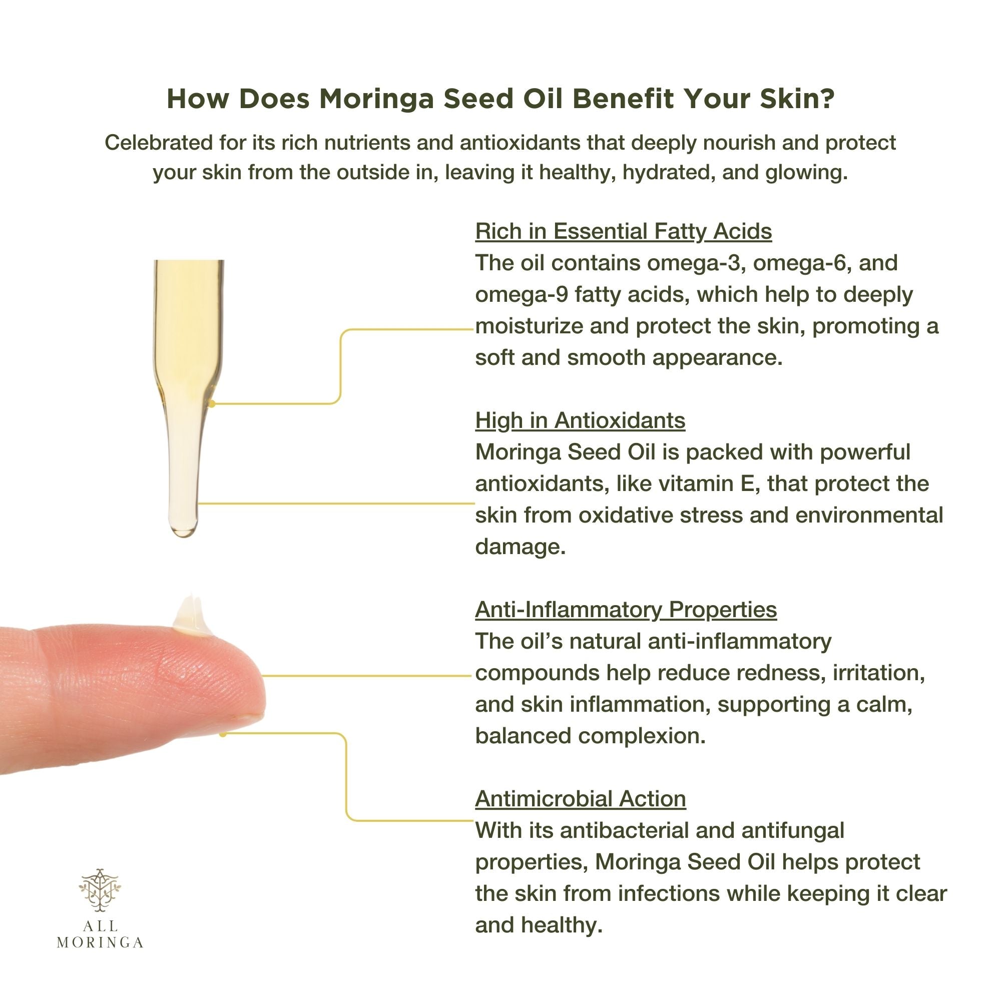 Moringa Seed Oil benefits skin-nourishing properties, helping to maintain a healthy, glowing skin and hair