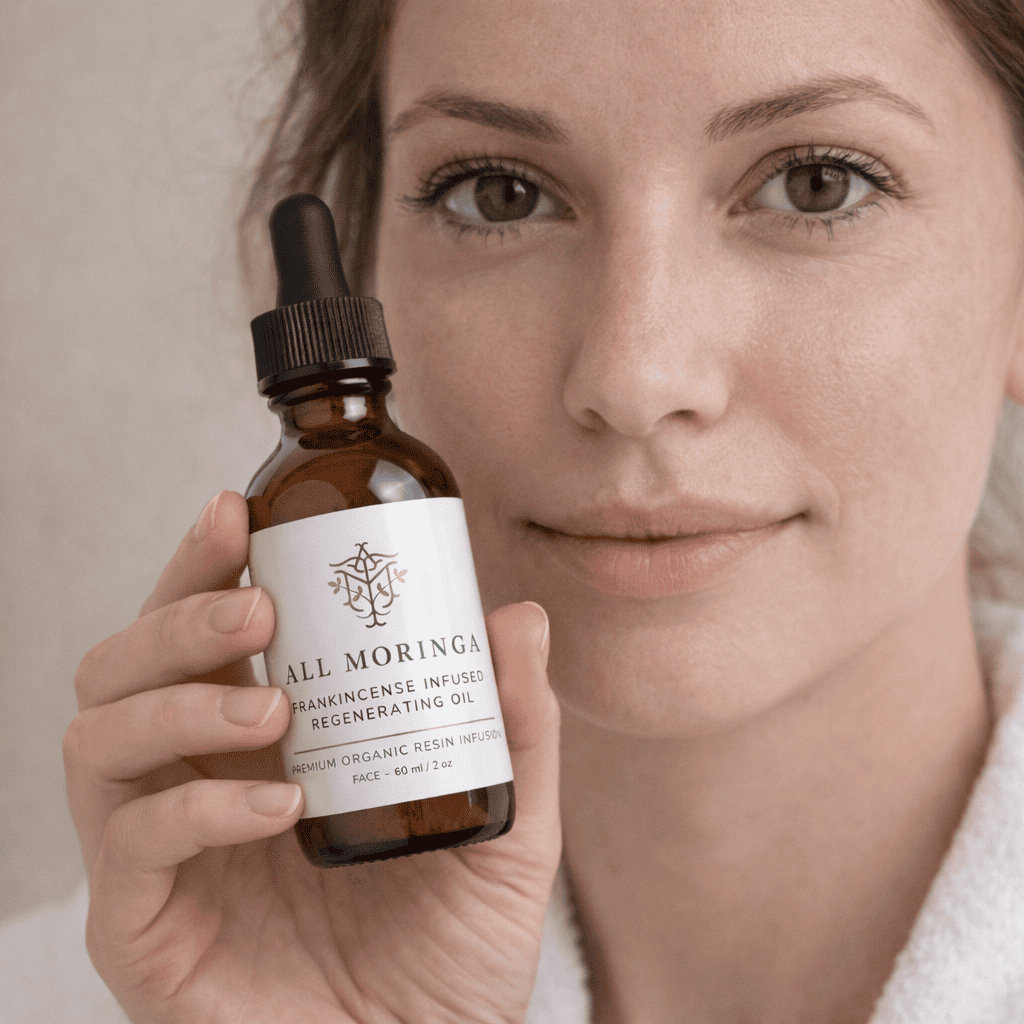 Woman holding a bottle of All Moringa Infused with Frankincense resin oil with a neutral background