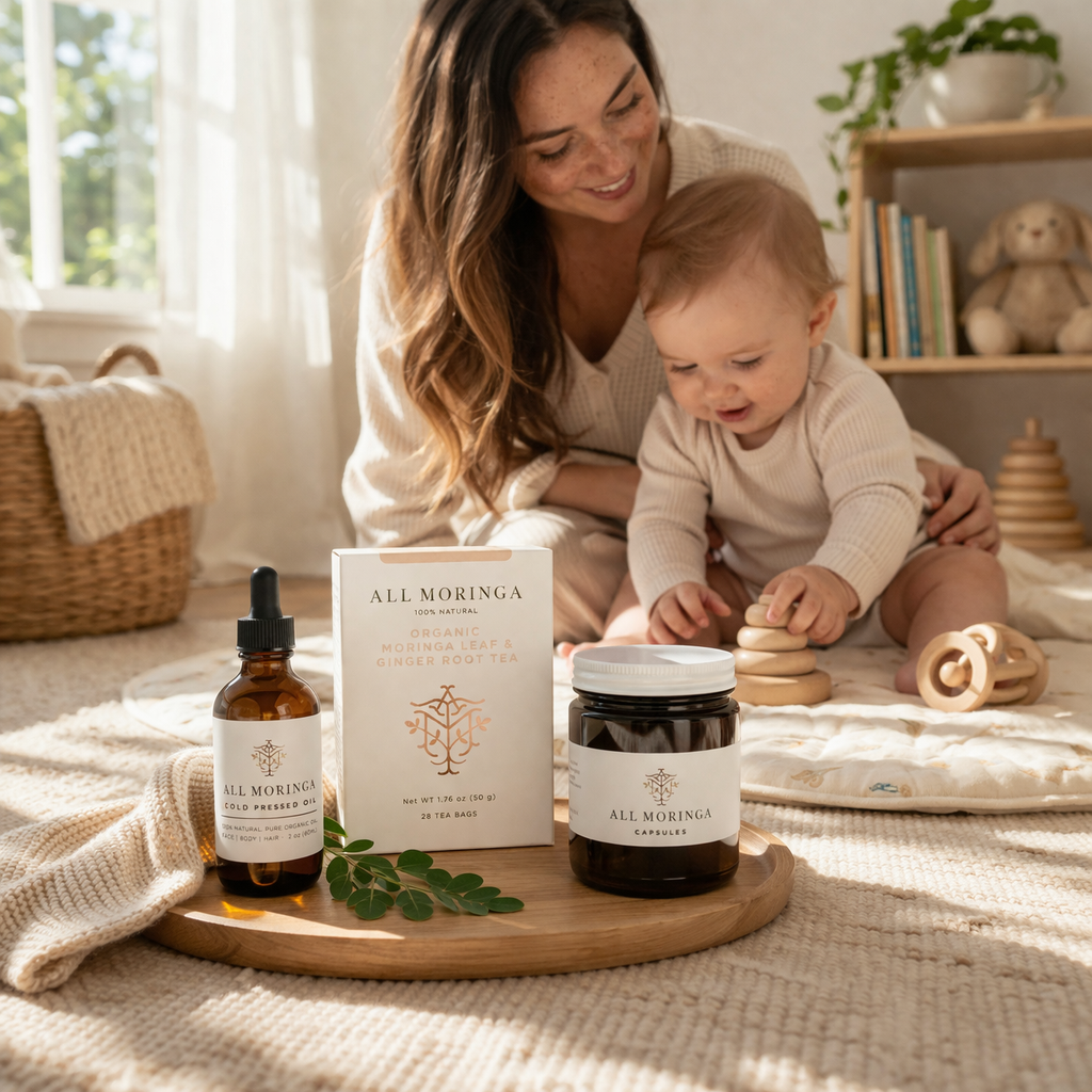 Woman and child with All Moringa products on a wooden tray in a home setting