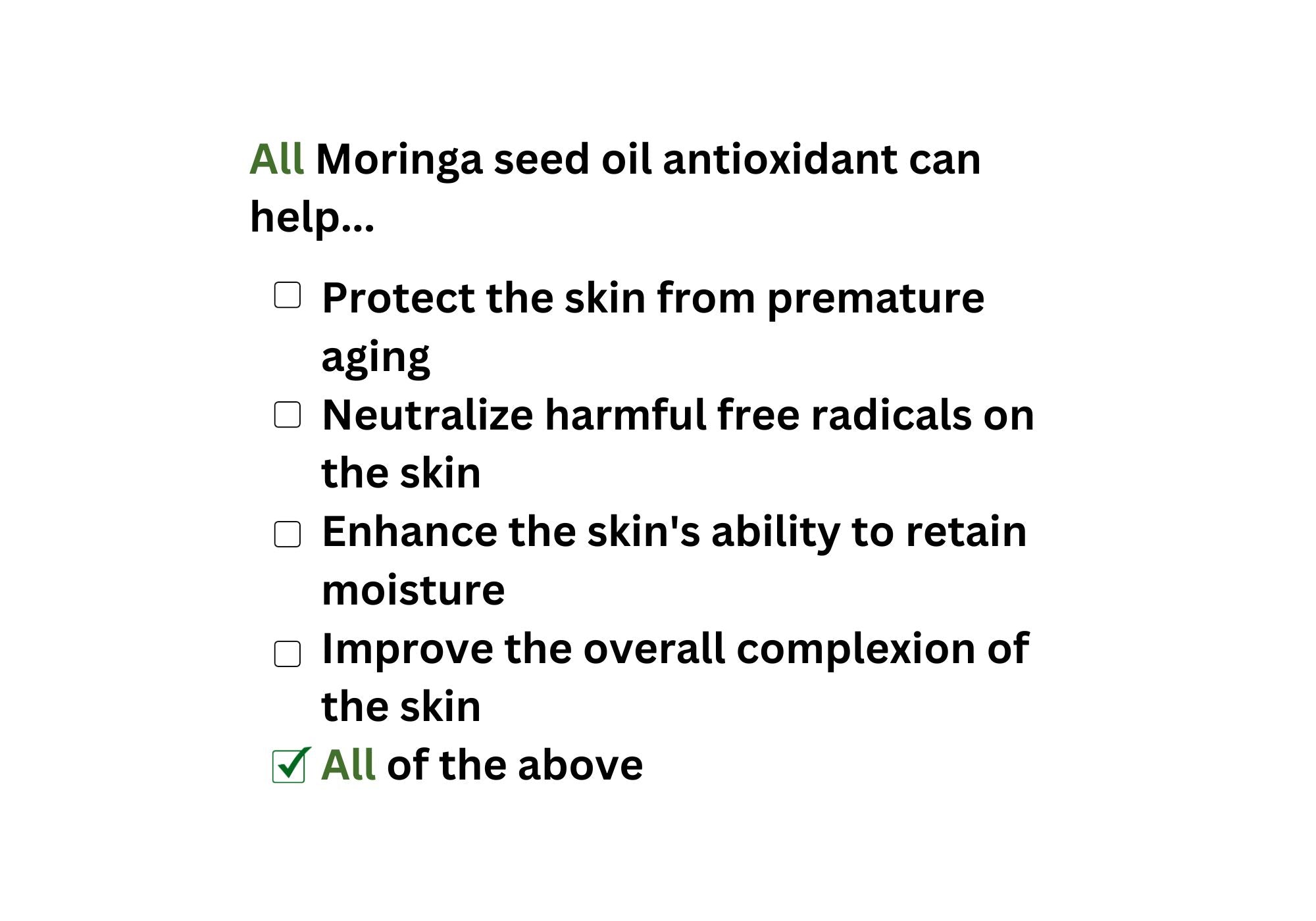 Moringa seed oil antioxidants can help with protecting the skin from premature aging
