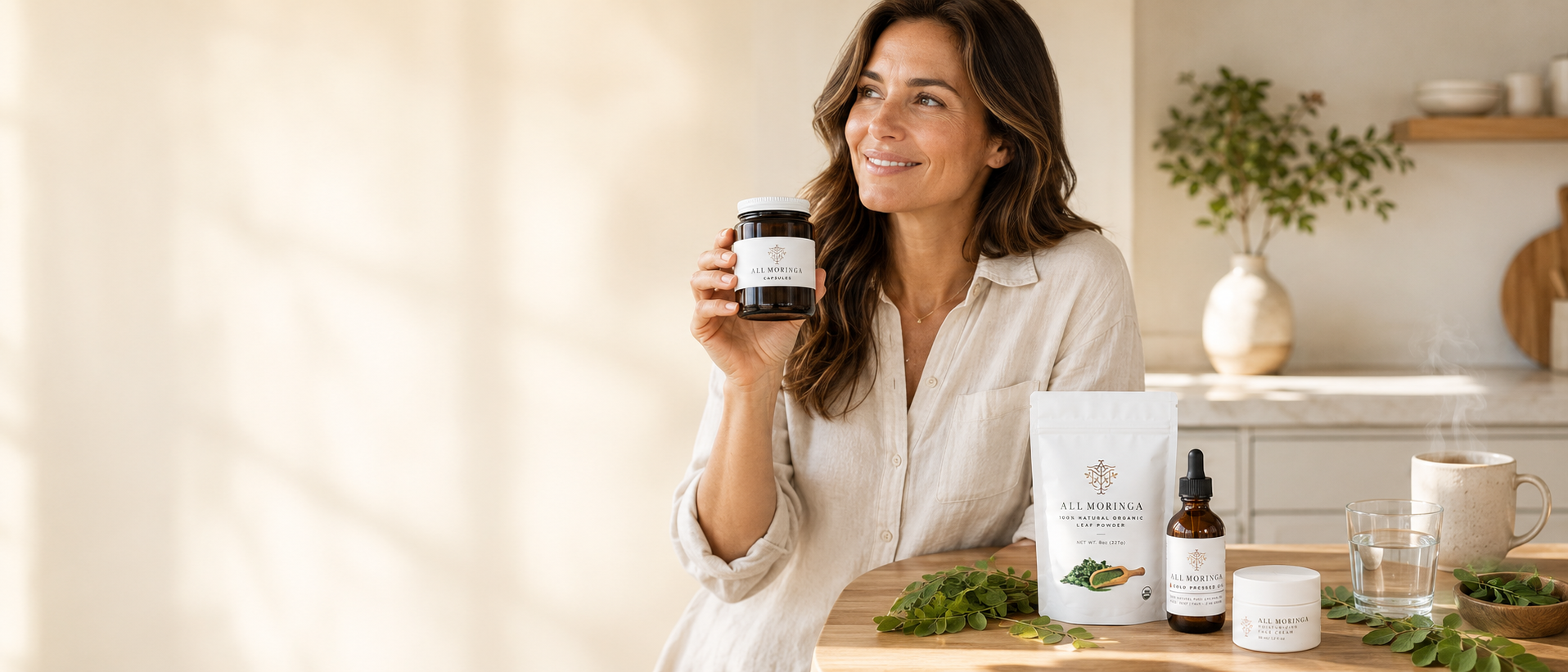 Woman holding All Moringa capsules jar in a bright kitchen with the full product family, homepage hero desktop