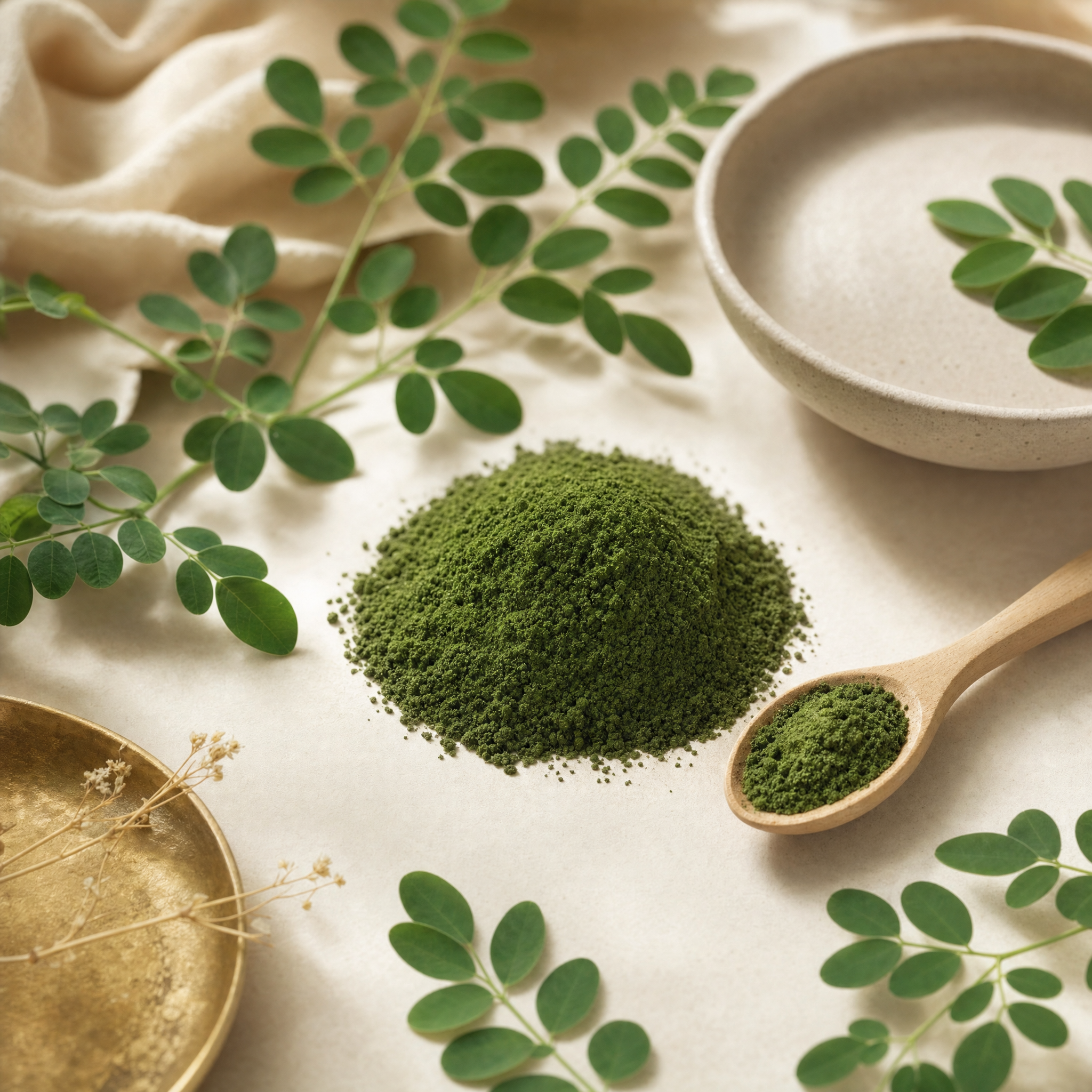 Moringa leaf powder and fresh moringa leaves on warm linen