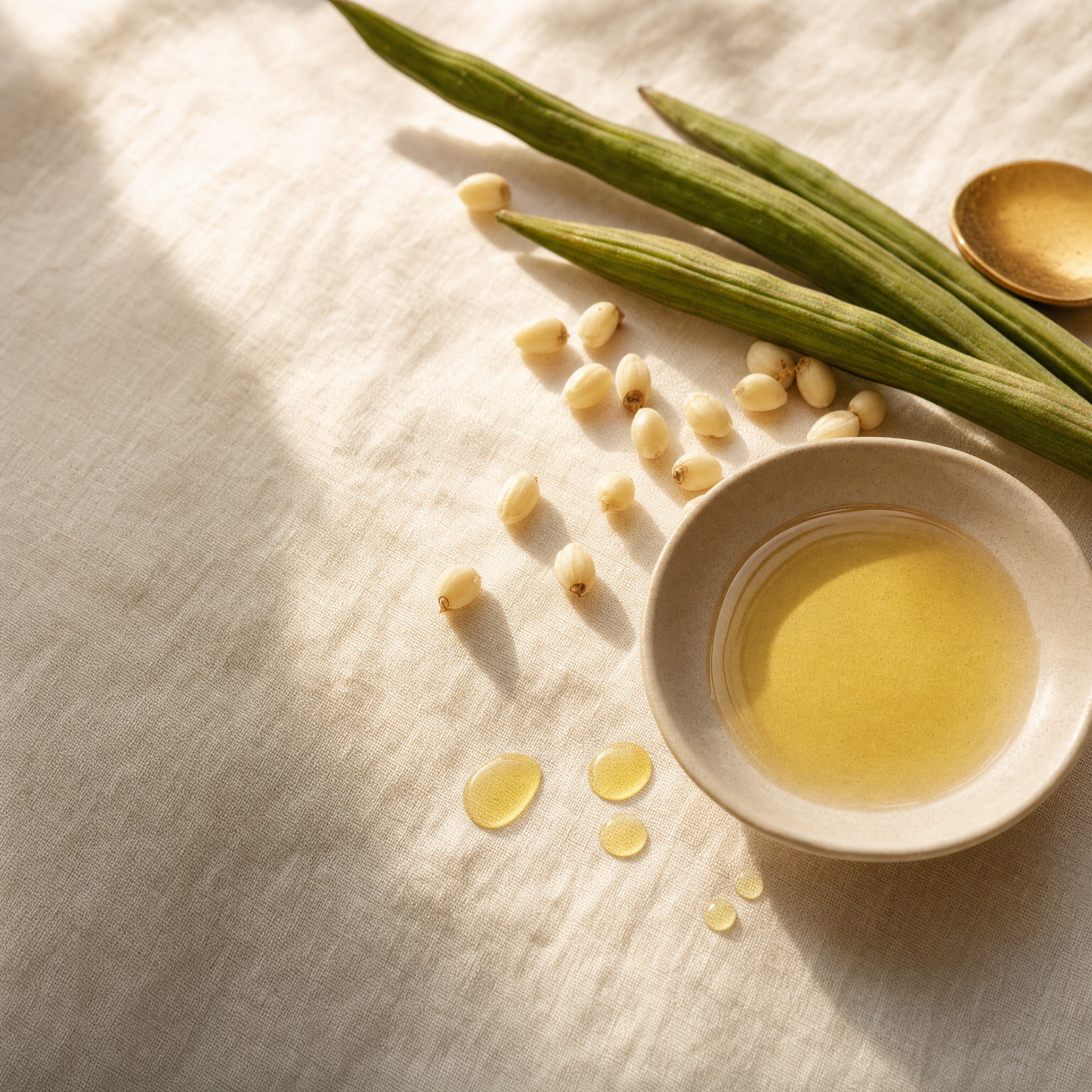 Moringa seed pods, seeds and cold-pressed seed oil on warm linen