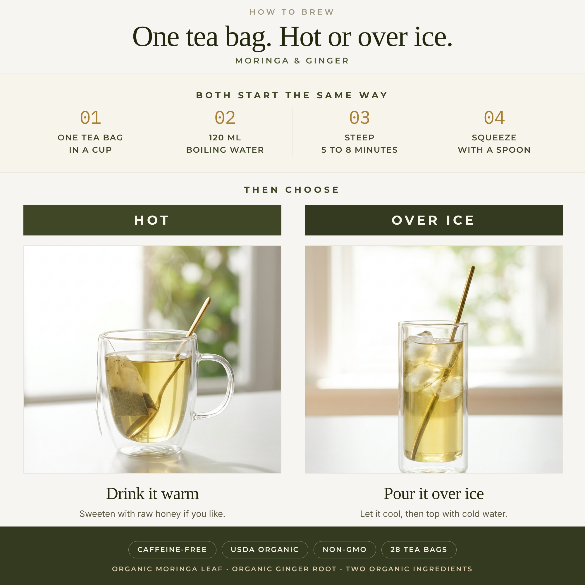 How to brew All Moringa organic moringa and ginger tea: one tea bag, 120 ml boiling water, steep 5 to 8 minutes, squeeze with a spoon, then drink it hot or pour it over ice