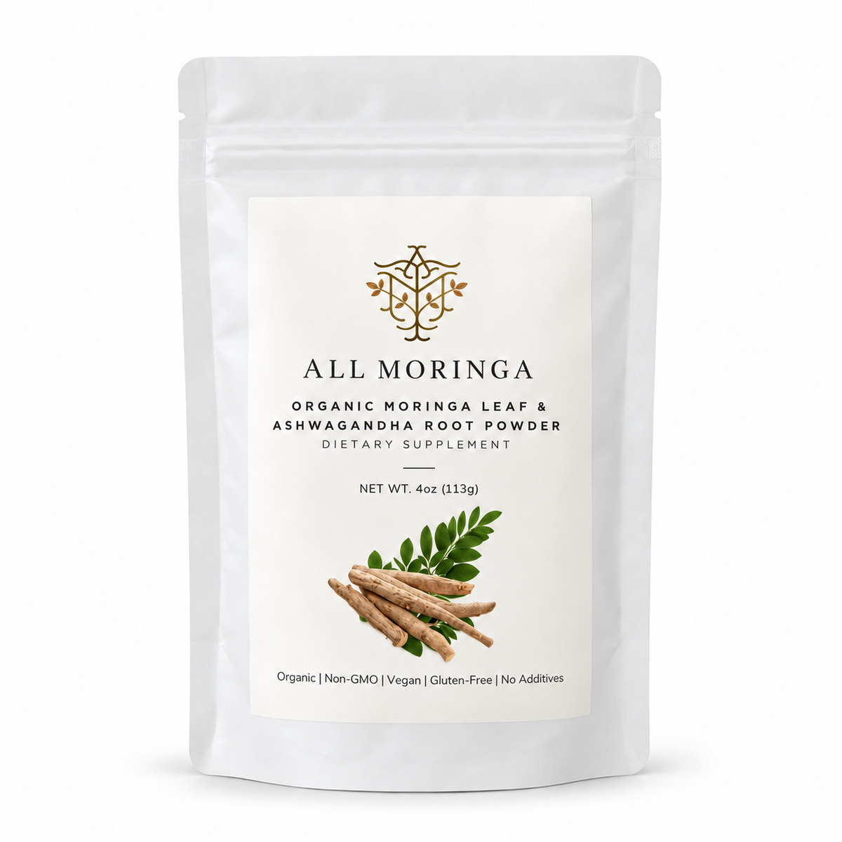 All Moringa organic moringa leaf and ashwagandha root powder, 4 oz pouch, front label