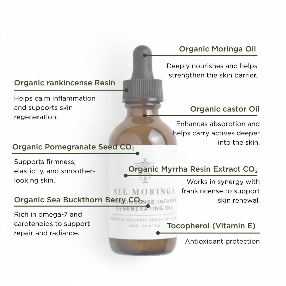 Bottle of organic Meringa frankincense and myrrh skincare oil with labeled ingredients on a white background