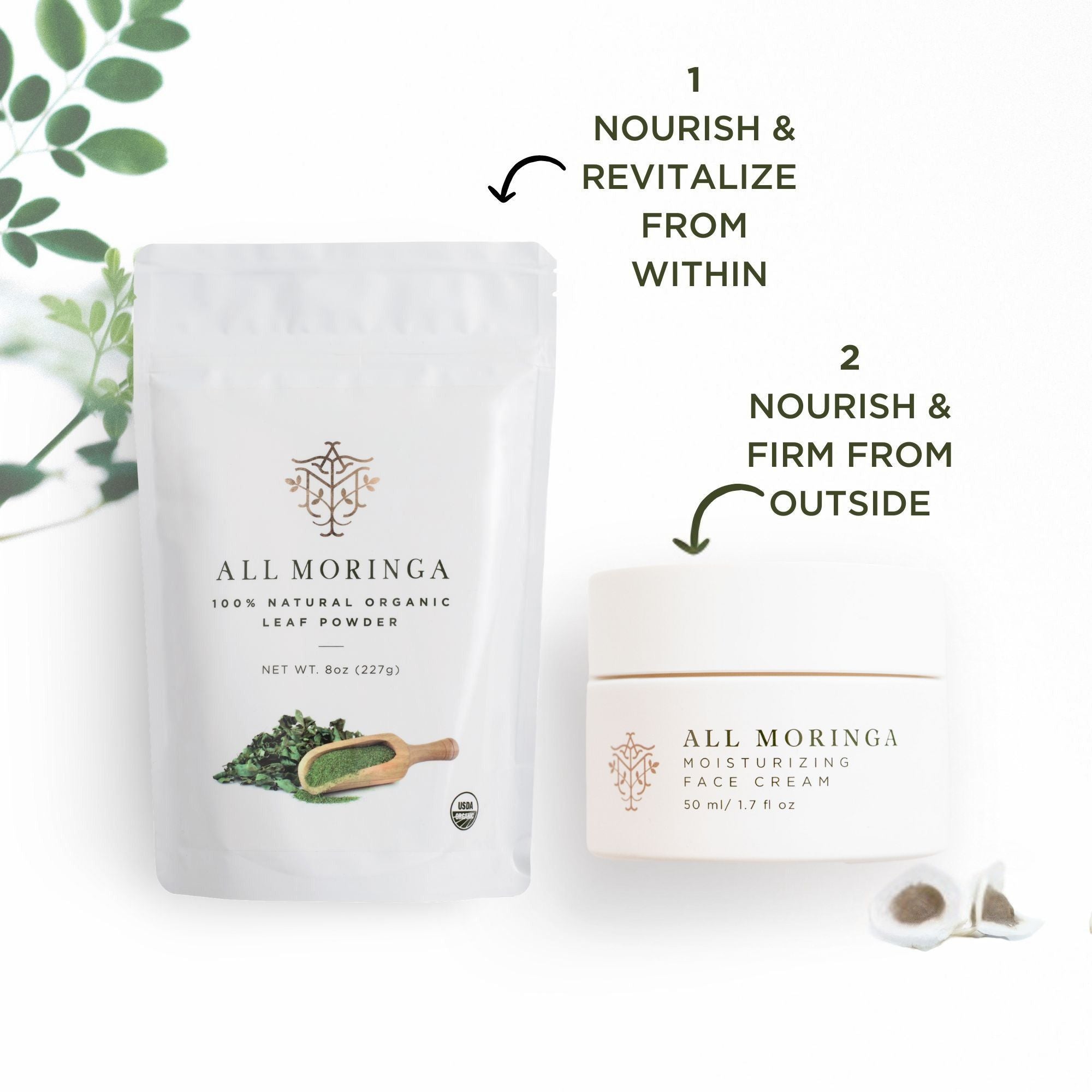 Complete Skincare: Moringa Face Cream and Skincare supplements An elegant display of Moringa Face Cream alongside Capsules and Powder, promoting their combined benefits for overall beauty.