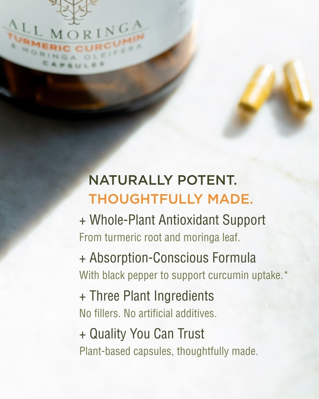 jar of All Moringa Turmeric Curcumin capsules with text highlighting product features on a light background.