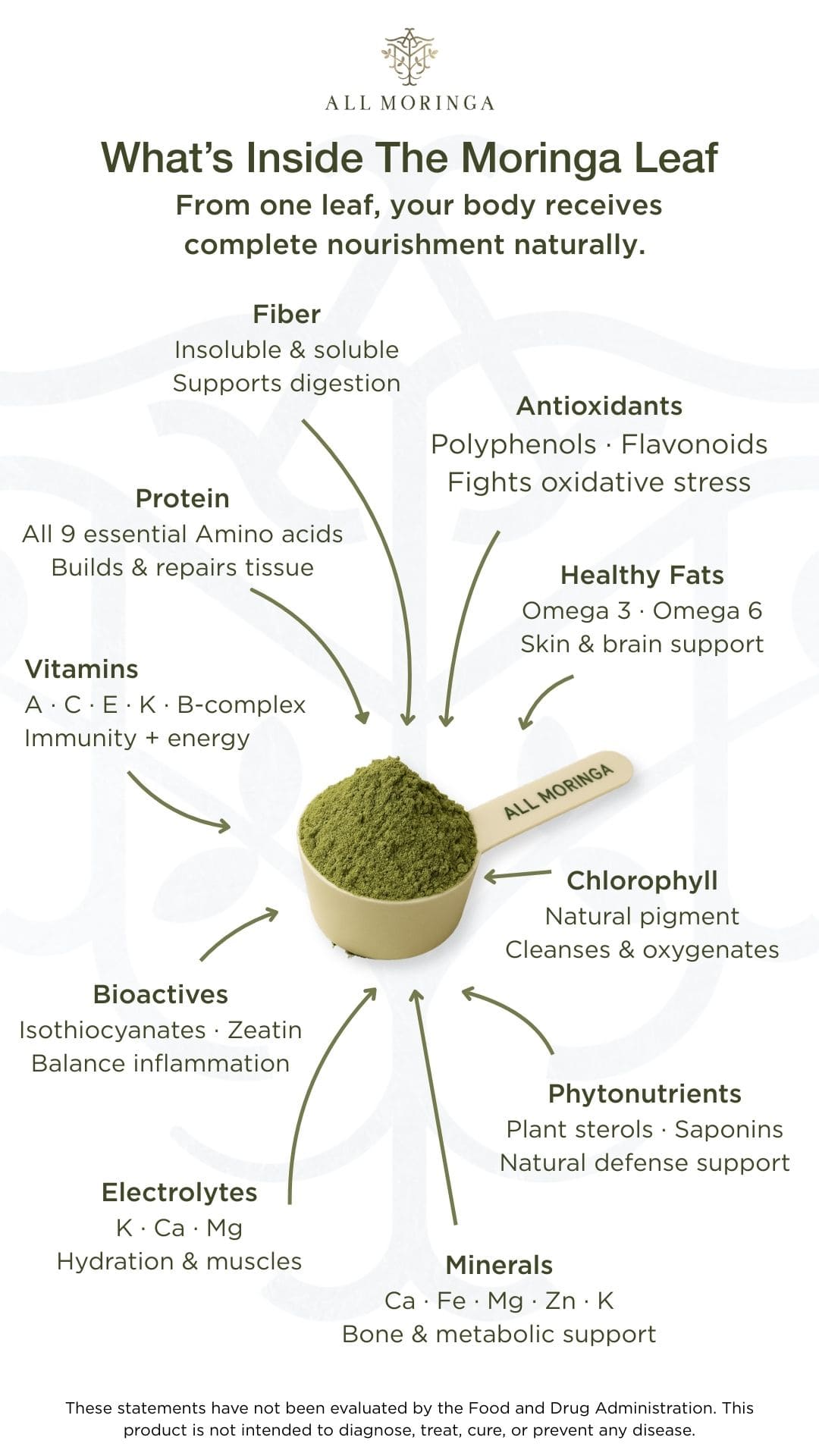 Infographic about the nutritional benefits of the Moringa leaf, featuring All Moringa product.