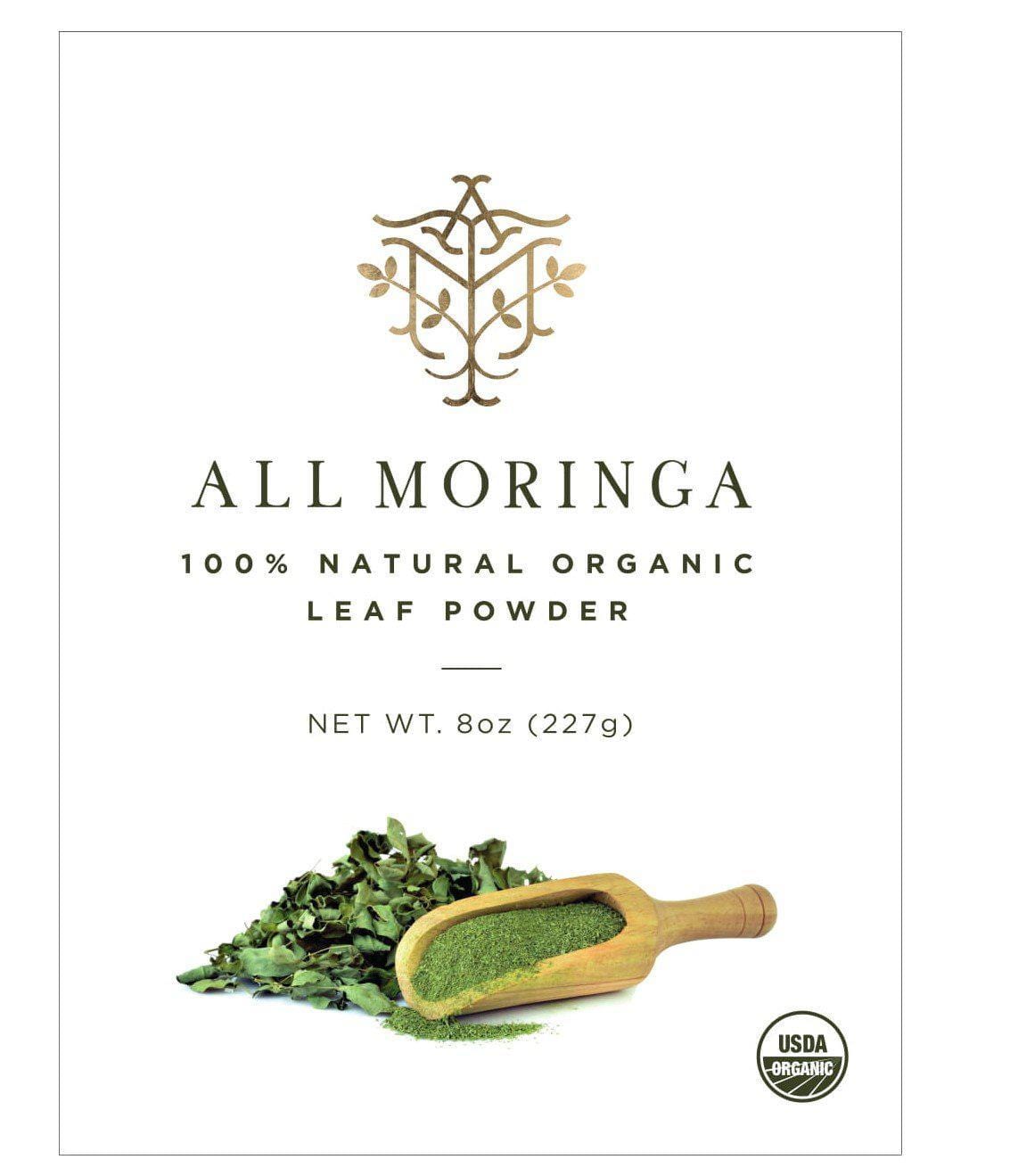 Organic moringa leaves powder label front logo and product name