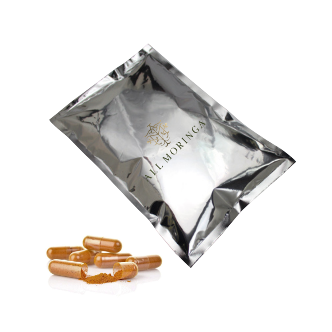 refill bag turmeric root moringa leaf powder and black pepper capsules