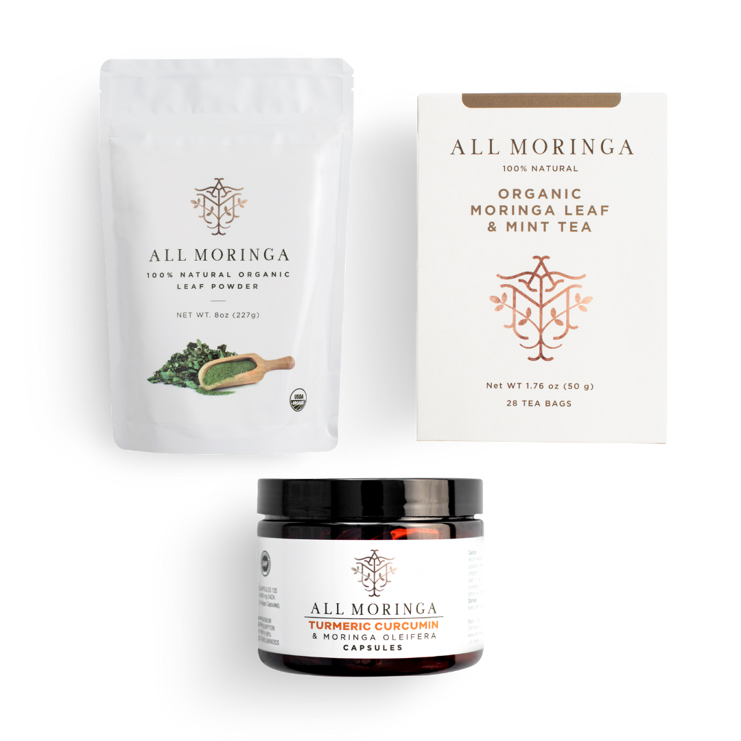 Moringa basic static starter kit with organic marenga seat oil organic moringa tea with mint and moringa regular turmeric capsules