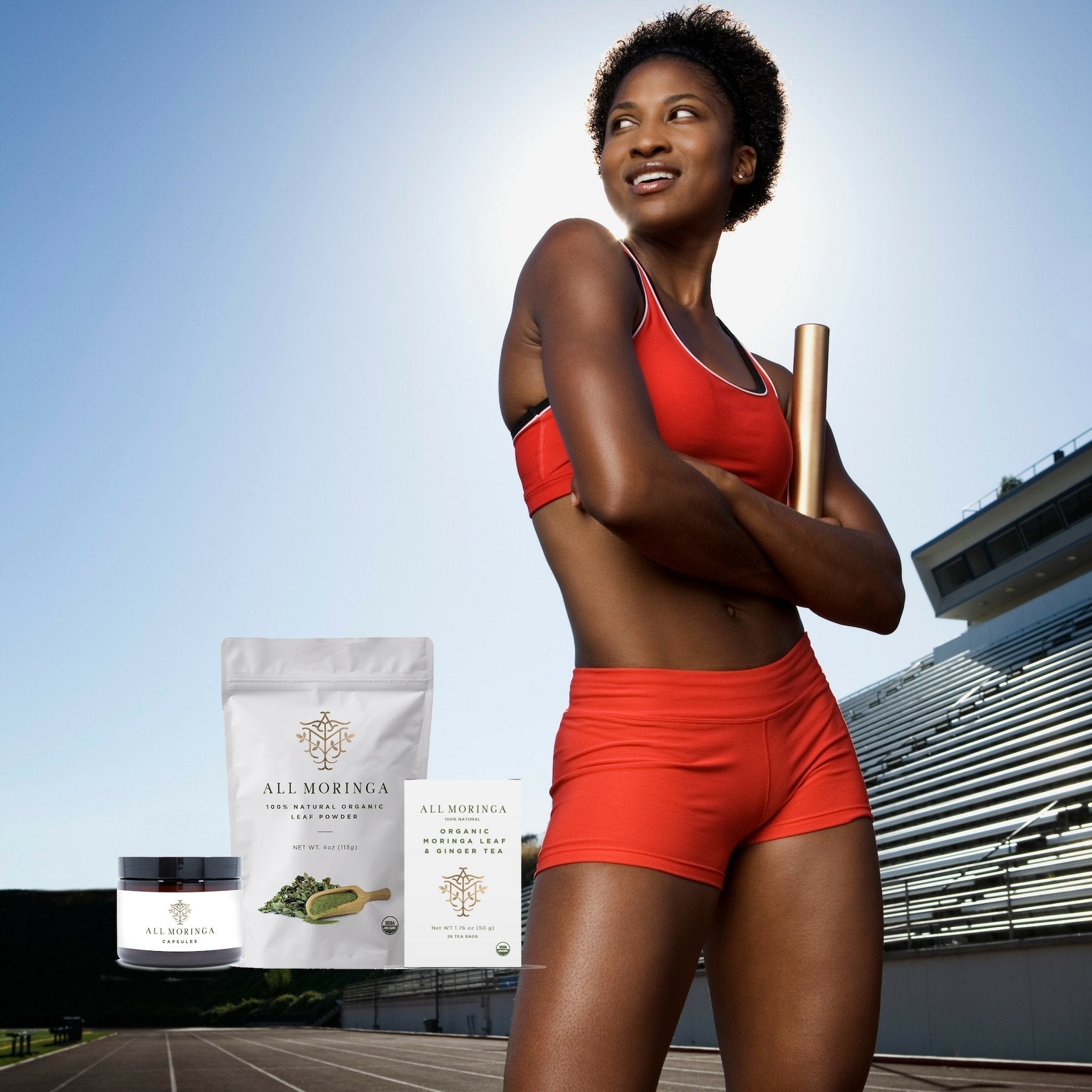 Benefits of moringa for Athletes a woman athlete with moringa products