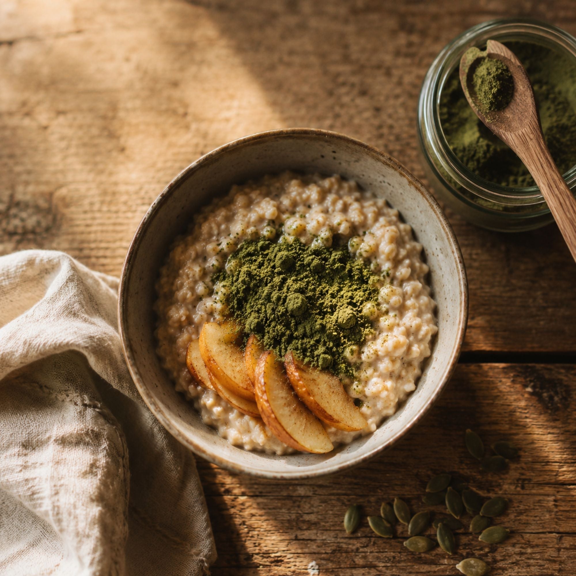 A bowl of oatmeal with bright green moringa leaf powder, fresh apple slices, and a small jar of moringa on a wooden family kitchen table