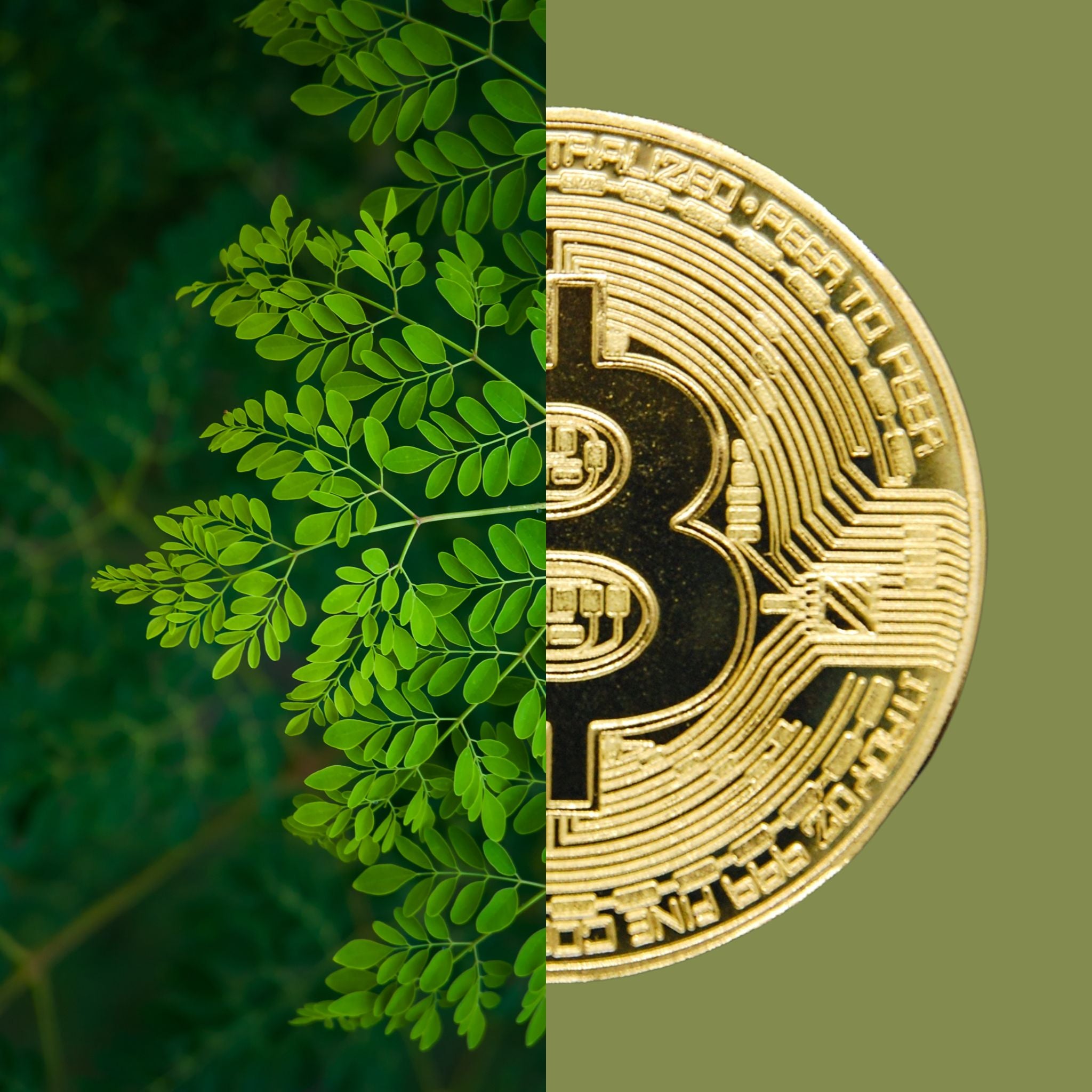 Comparison of Moringa tree health benefits and cryptocurrency financial freedom, highlighting the permissionless nature of both systems for self-sufficient wellness and finance