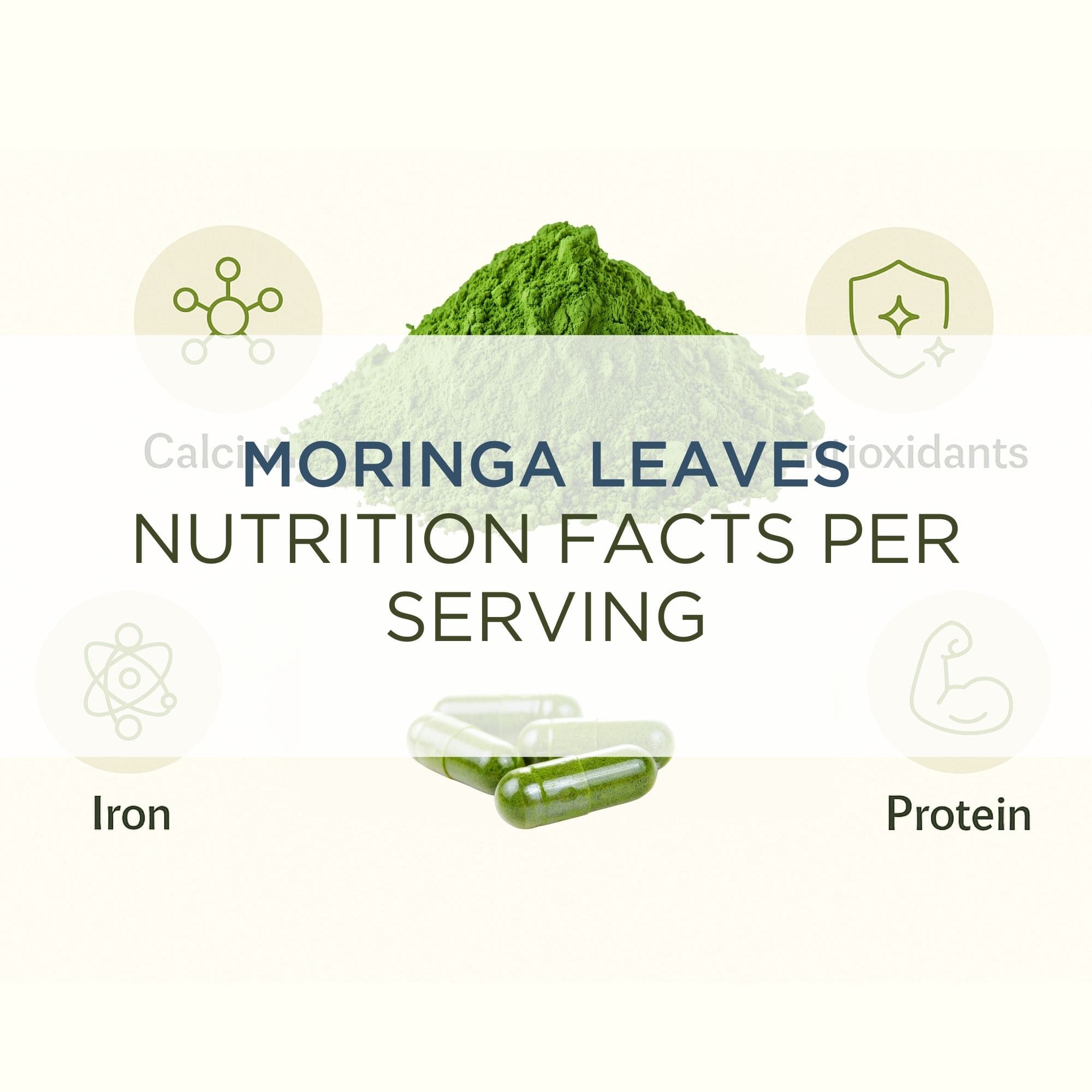 Moringa powder, capsules, and fresh leaves with nutrient icons — showing calcium, iron, protein, and antioxidant benefits of moringa powder.