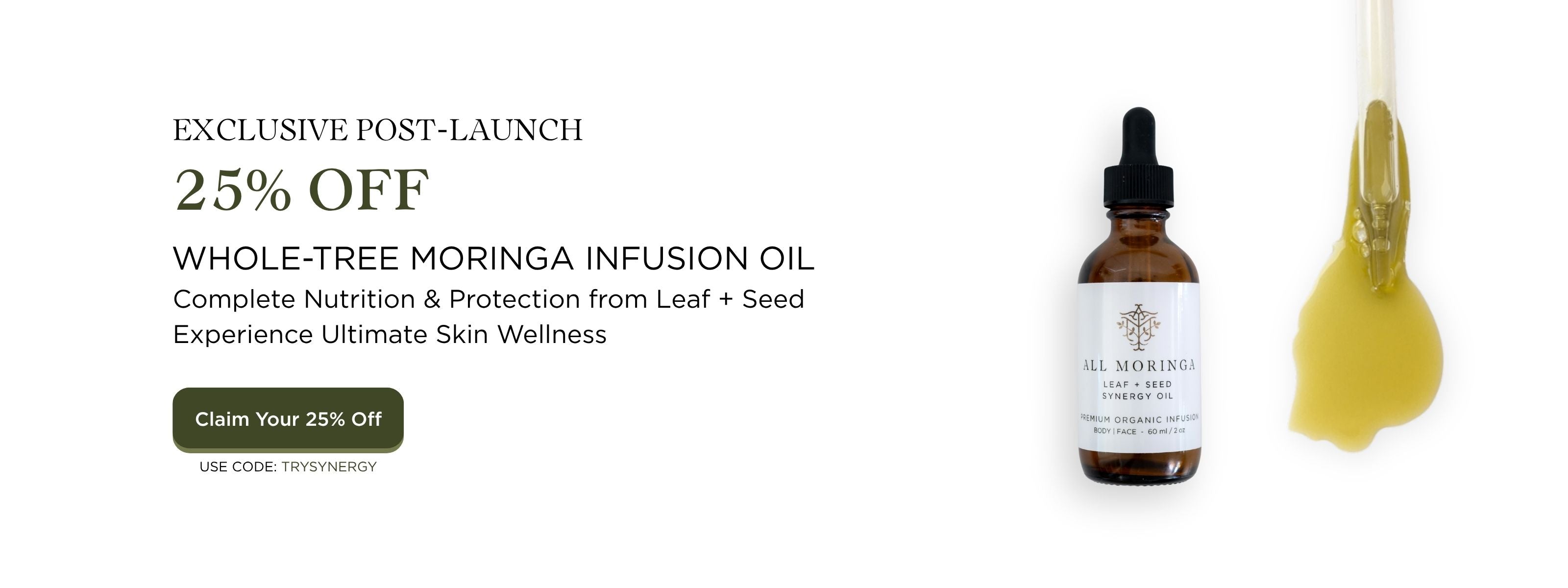 Bottle of Moringa oil with powder infusion oil with a dropper on a white background, featuring a promotional offer.