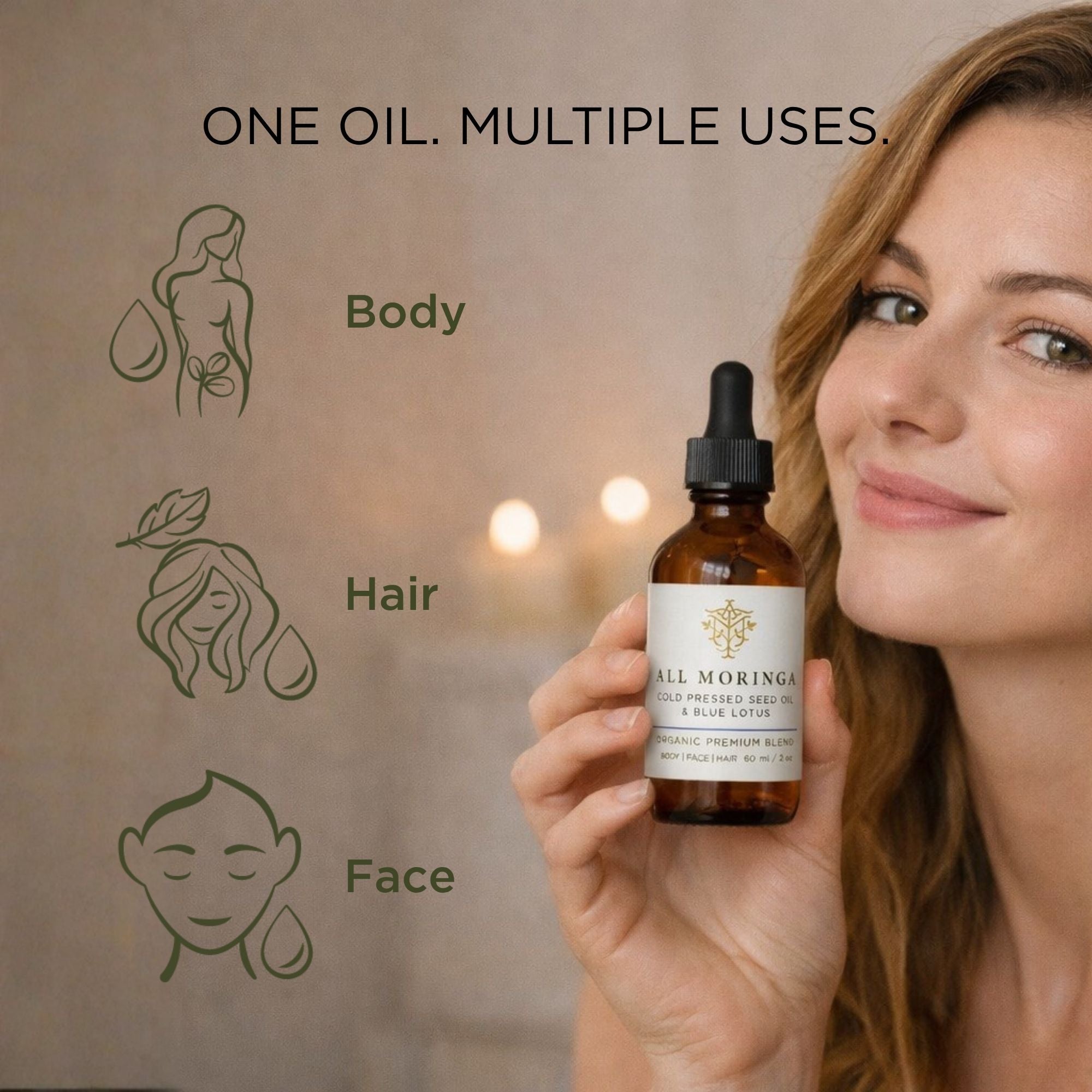 Woman holding a bottle of All Moringa blue lotus oil with usage icons for body, hair, and face on a neutral background.