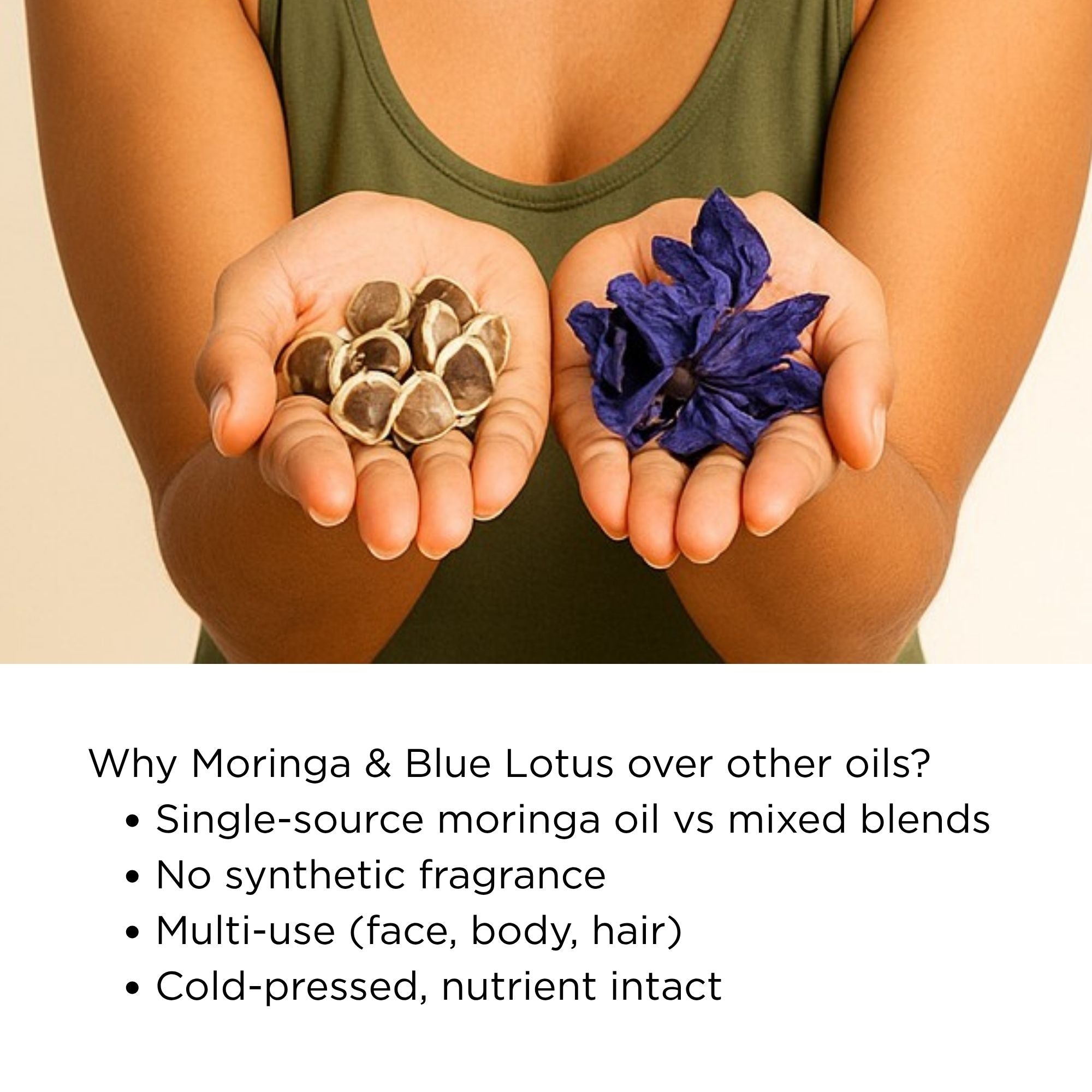 Person holding Moringa seeds and a Blue Lotus flower with text about ritual oil benefits.