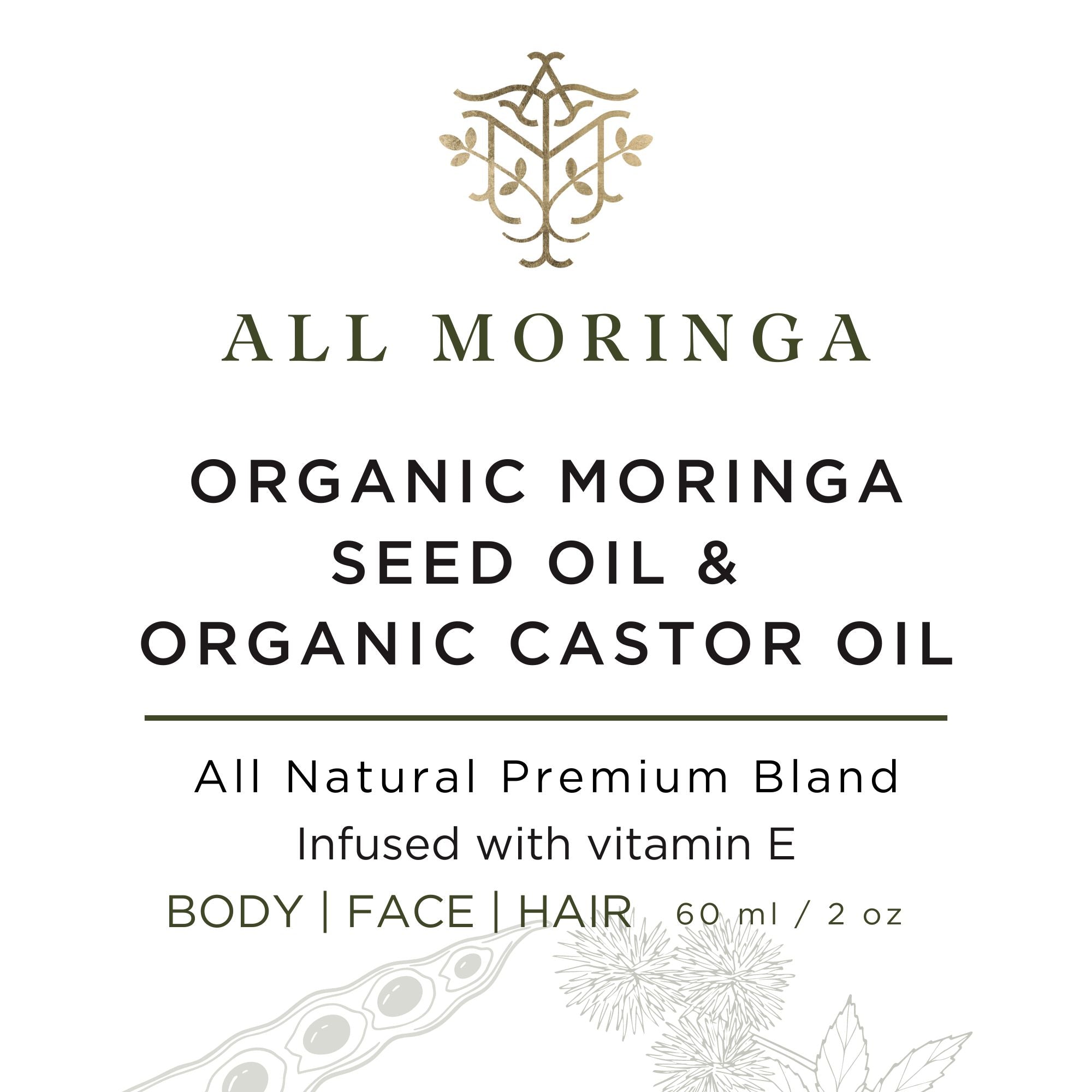 Premium Cold Pressed Blend Organic Moringa & Castor Revival Oil 1:1 with Vitamin E for Face, Body and Hair 2 oz