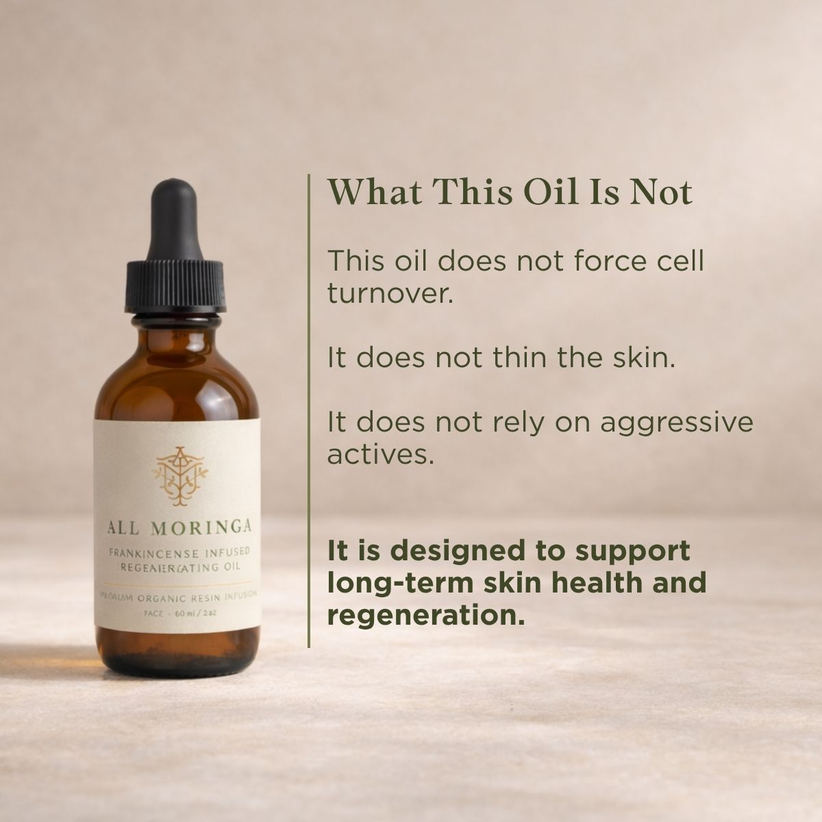 All Moringa Frankincense Regenerating Treatment Oil bottle with text highlighting support for skin barrier, repair, and long-term skin health