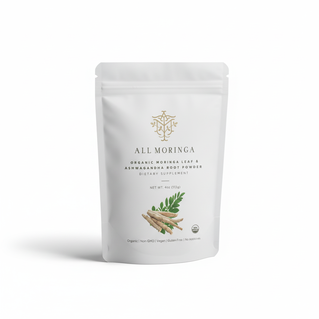 White standup pouch packaging of Moringa and ashwagandha product on a white background by all moringa