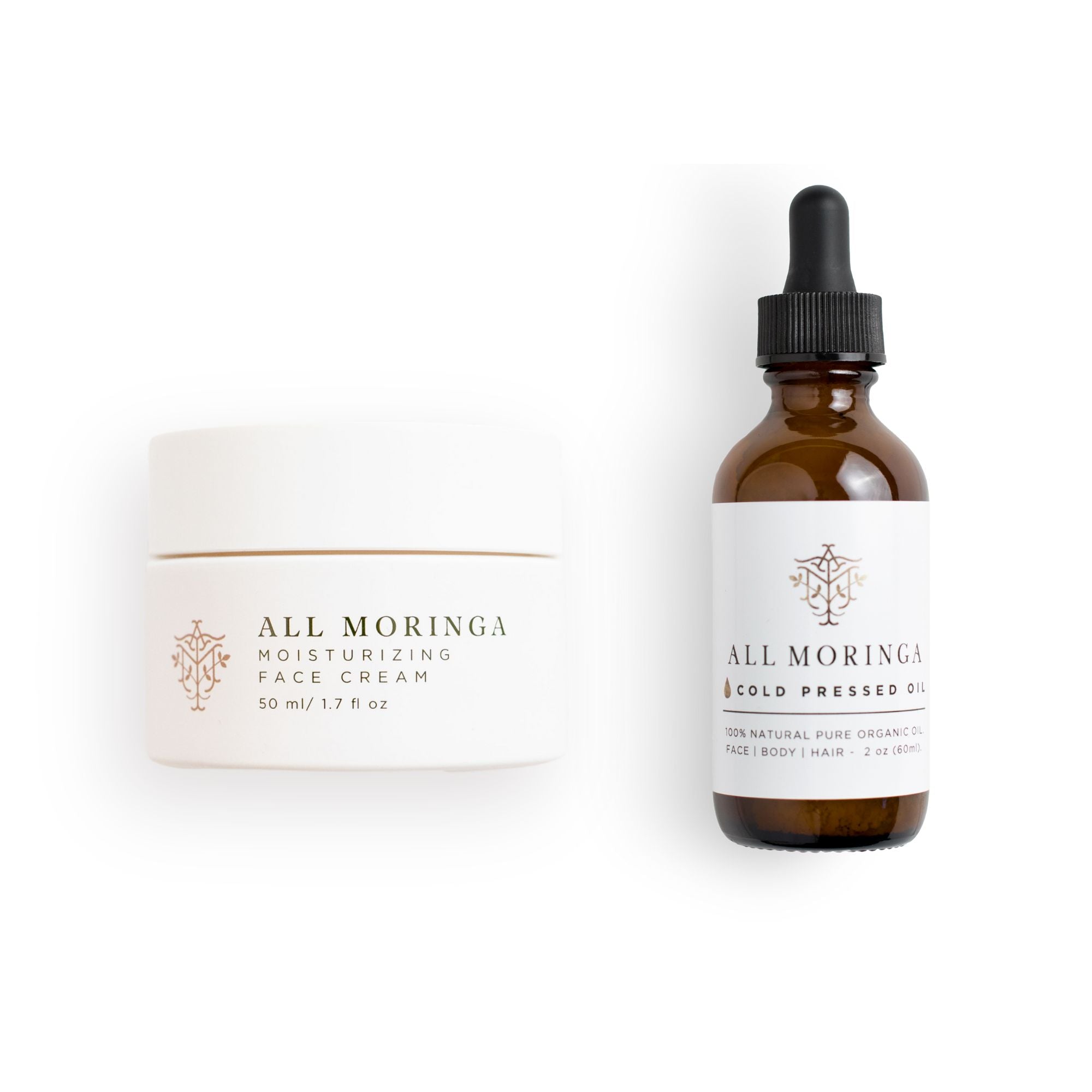 All Moringa Cold-Pressed Moringa Seed Oil in an amber dropper bottle beside an All Moringa Moisturizing Cream glass jar on a clean white surface.
