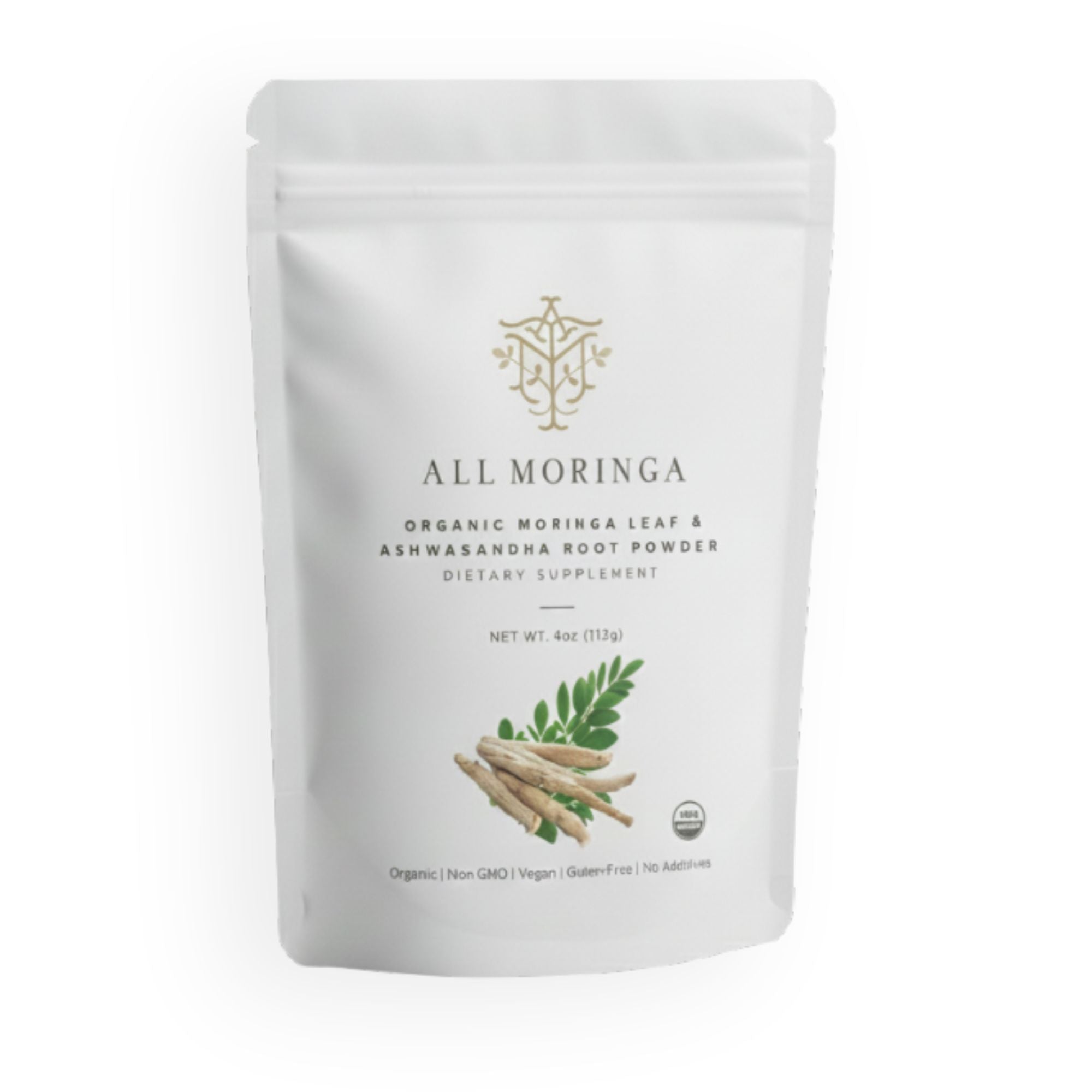 All Moringa organic moringa leaf and ashwagandha root powder packaging on a white background