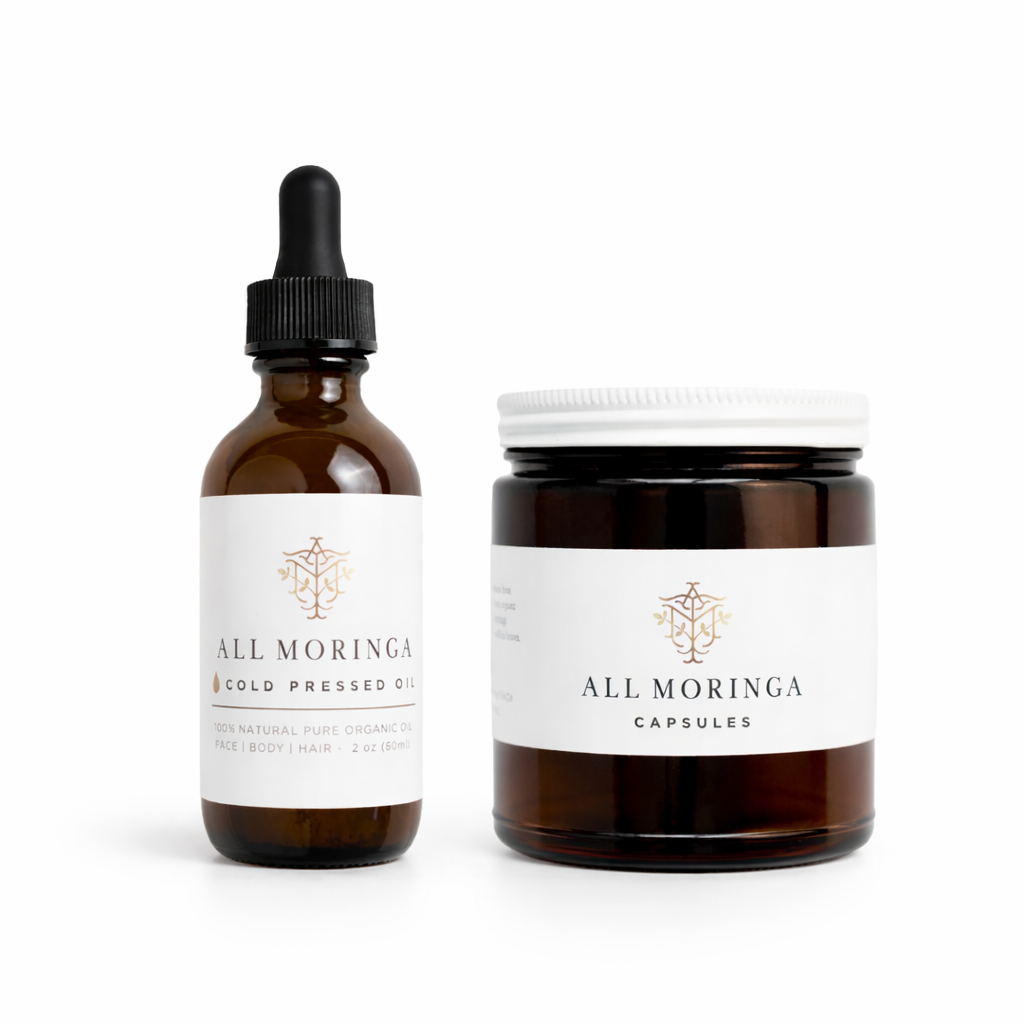 Organic moringa oil and organic moringa capsules Skincare and nutrition Products On a white background.