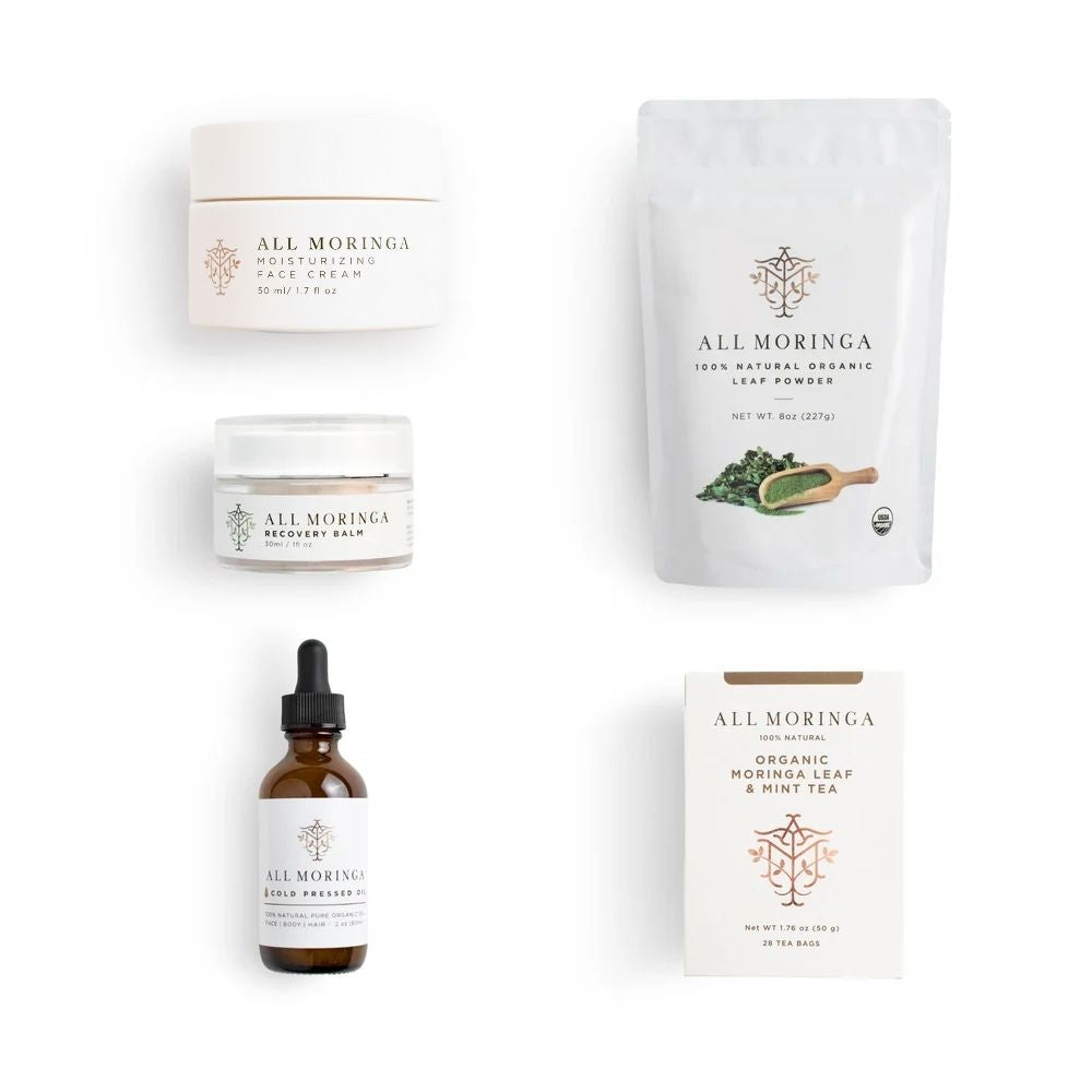 Collection of All Moringa products including cream, balm, tea, and leaf powder on a white background.