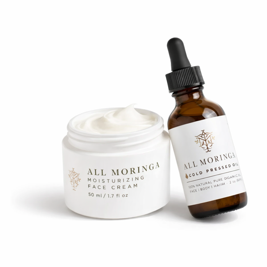 All Moringa moisturizing face cream with open cap jar and bottle of moringa oil on a white background