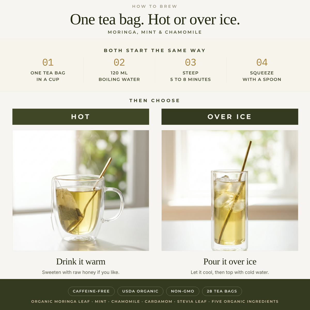 How to brew All Moringa organic moringa, mint and chamomile tea: one tea bag, 120 ml boiling water, steep 5 to 8 minutes, squeeze with a spoon, then drink it hot or pour it over ice