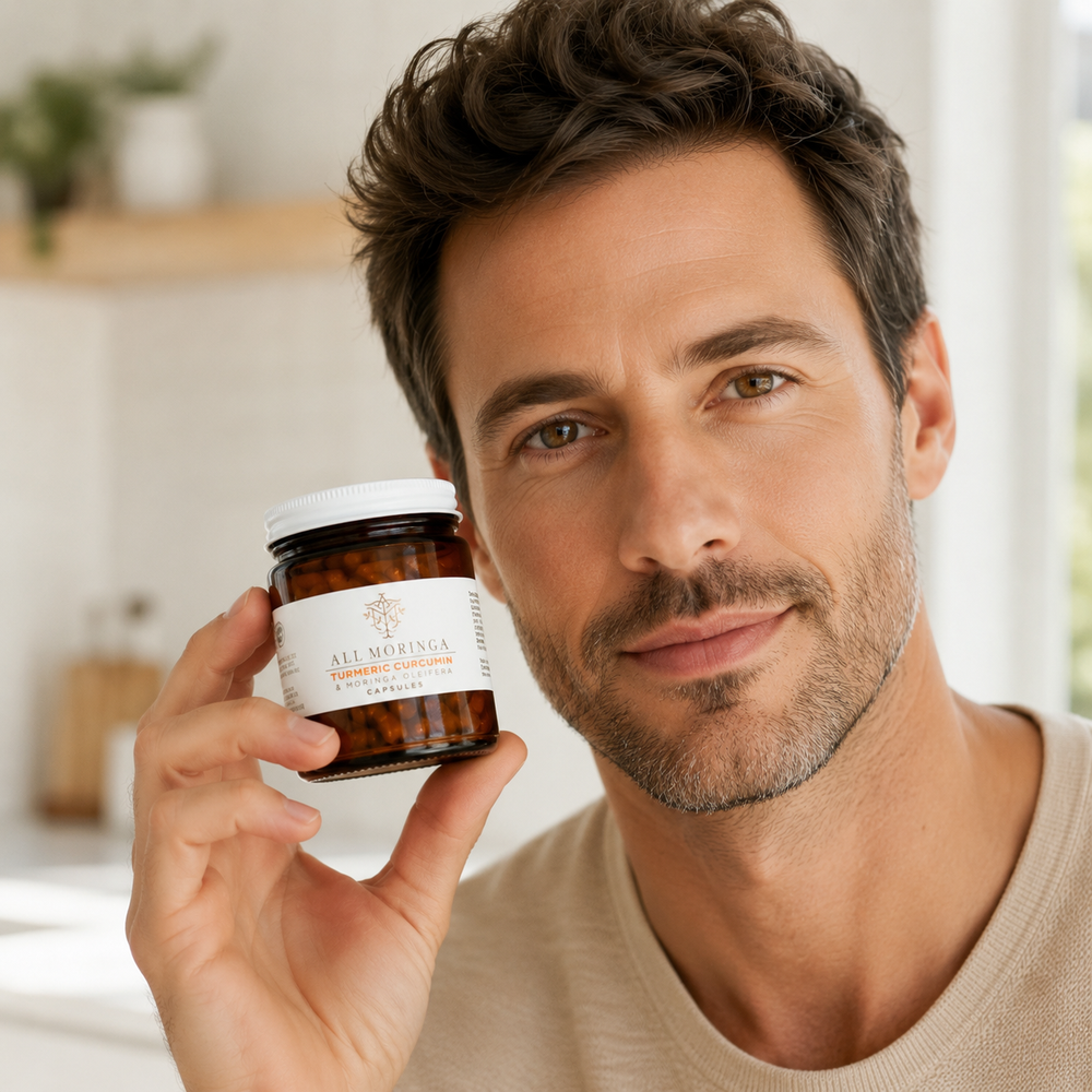 Man holding a jar of All moringa turmeric capsules product in a bright indoor setting
