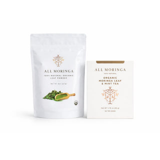 Organic Moringa Tea and Powder Duo featuring moringa leaf powder and herbal tea bags.