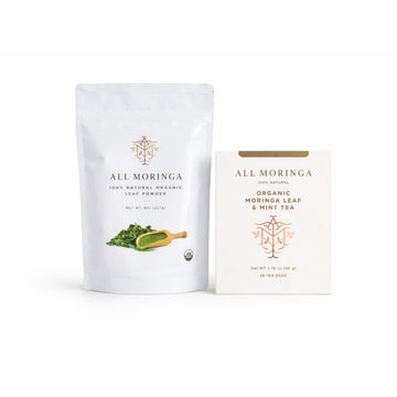 Organic Moringa Tea and Powder Duo featuring moringa leaf powder and herbal tea bags.