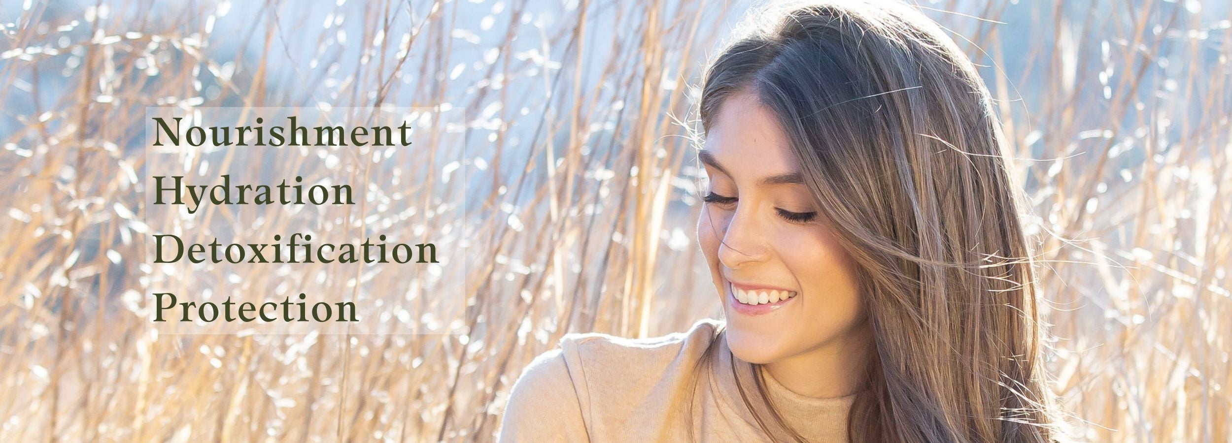 image of a Yong woman with captions nourishing hydration detoxification with moringa and castor oil
