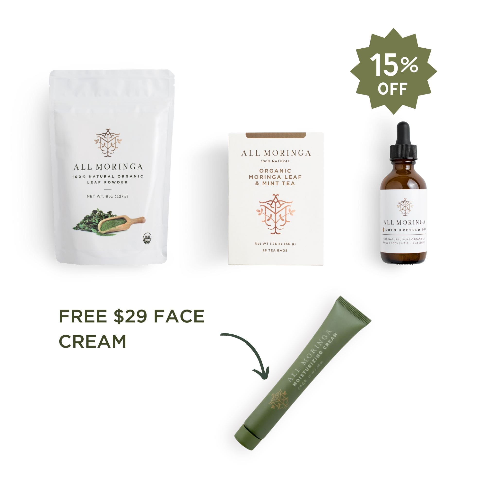 Bundle of All Moringa products, including a package, tea, oil, and face cream, on a white background.