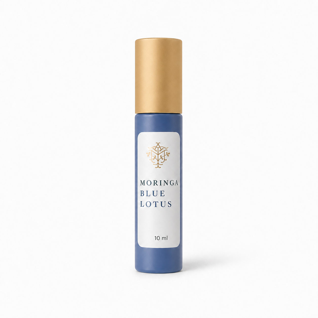 Moringa Blue lotus oil roller bottle with gold cap labeled 'Moringa Blue Lotus' on a white background