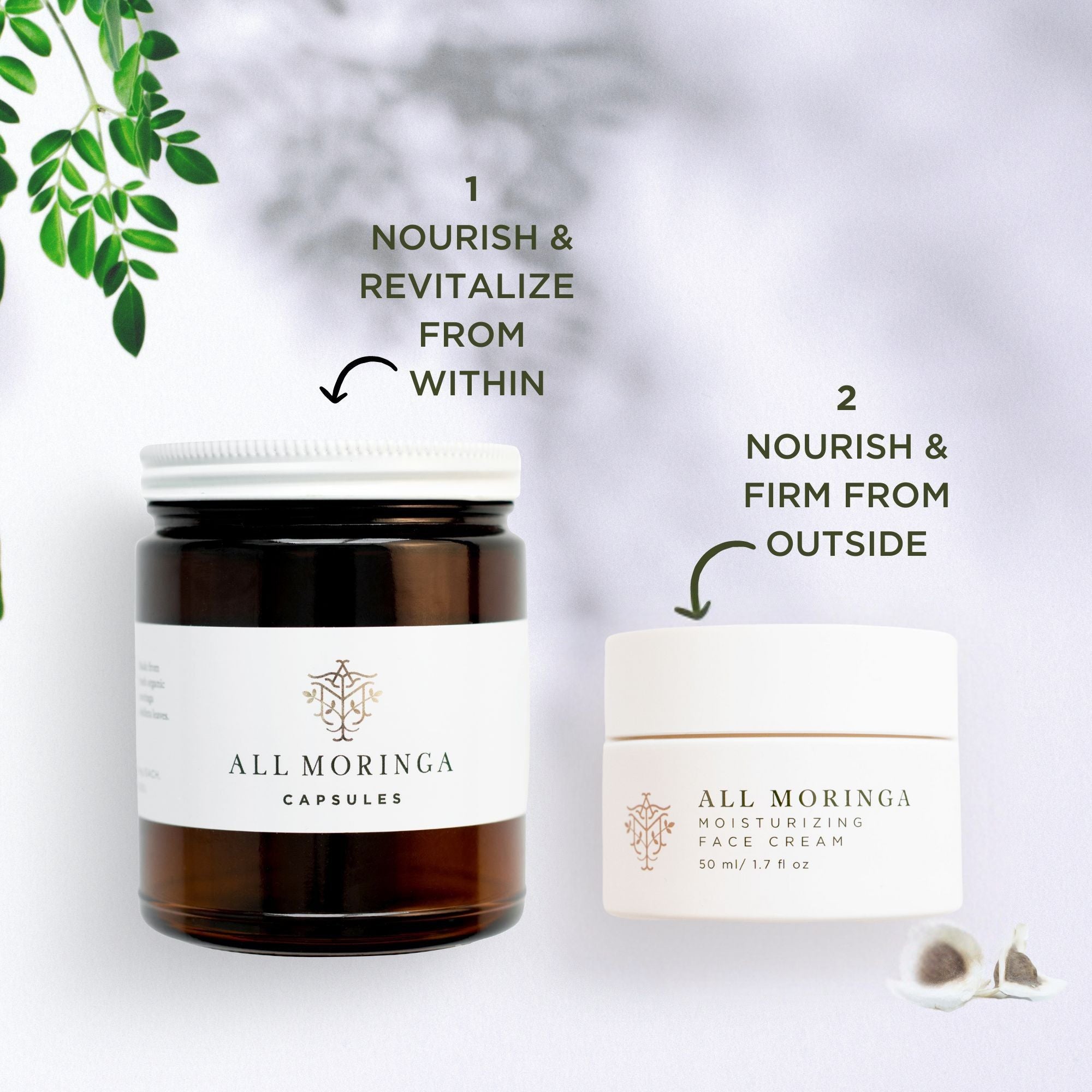 Moringa Duo for Radiant Skin and Health A vibrant image showcasing Moringa Face Cream and Capsules together, illustrating the nourishing effects of both products.