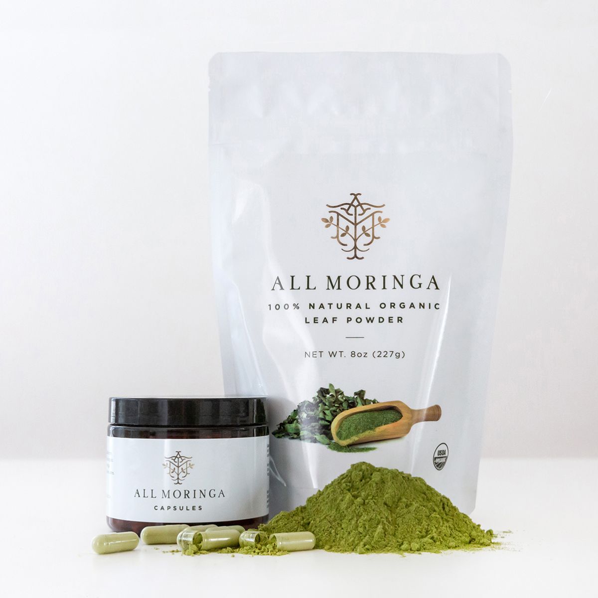 Enhance Your Diet with Moringa Powder and Supplements" A close-up shot of Moringa Leaf Powder and Supplements, focusing on their powerful nutrients and health-enhancing properties.